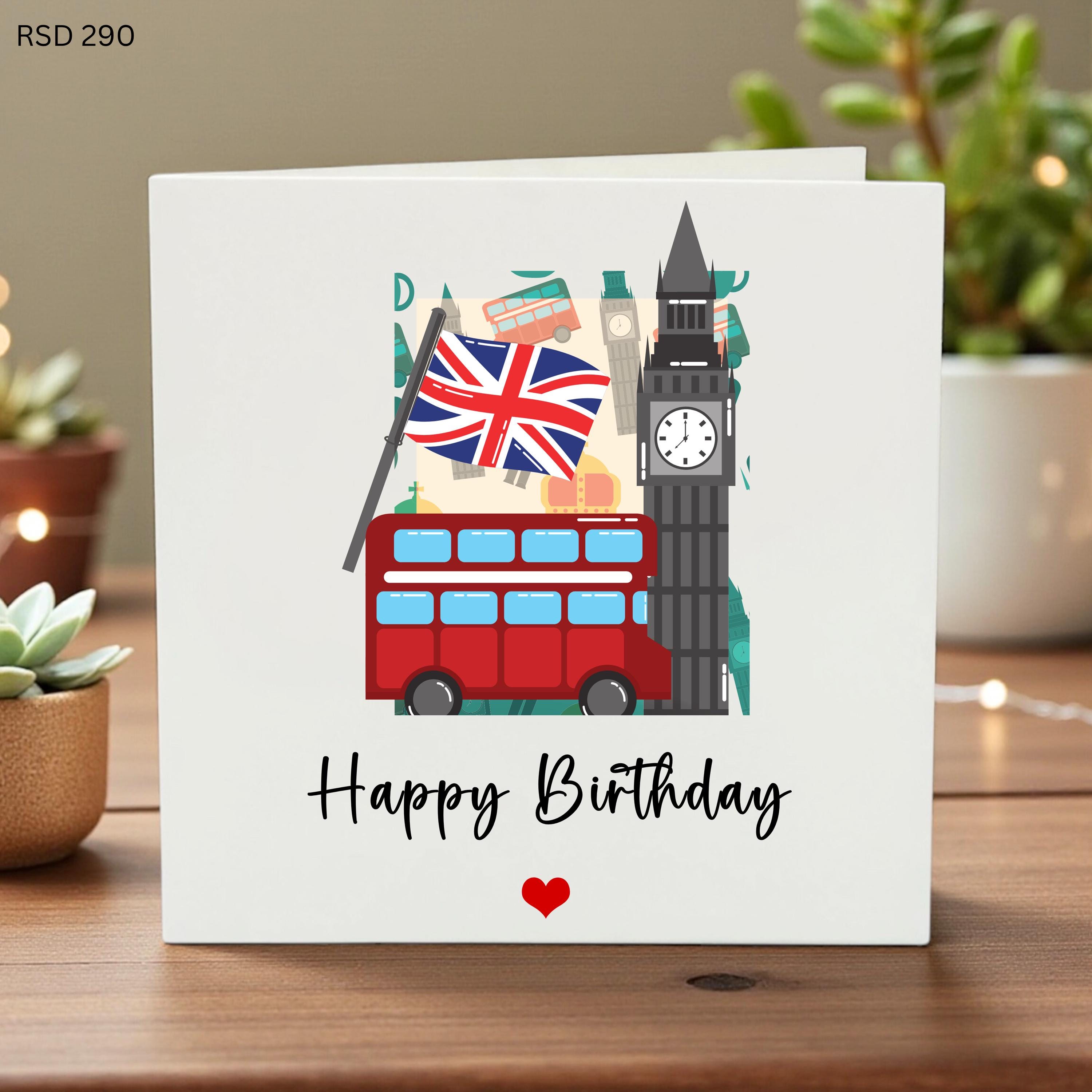London Birthday Card with Big Ben and Red Bus, British Theme Greeting Card for Travel Lovers, Union Jack Happy Birthday, England Souvenir