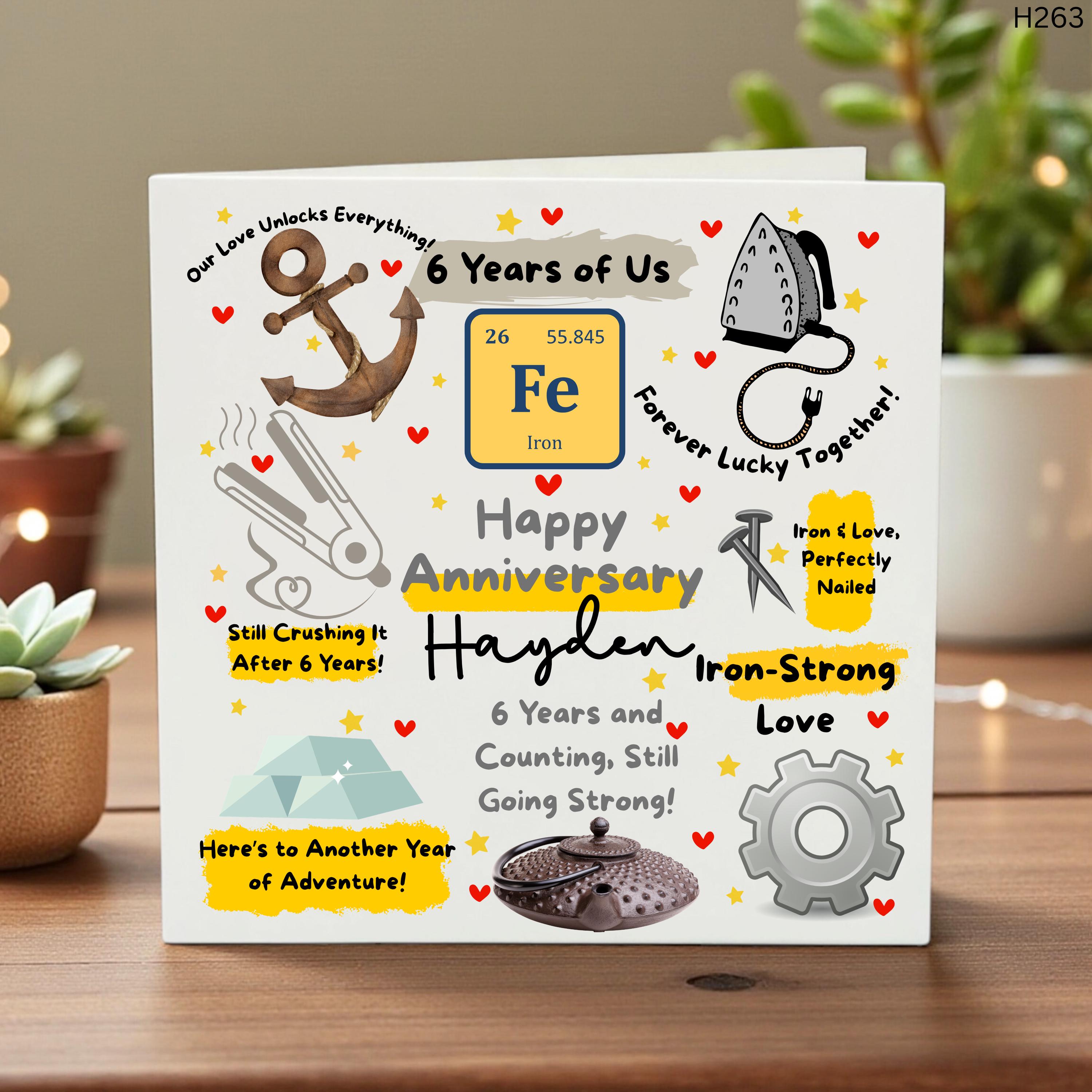 Personalized 6th Anniversary Card for Couple, Custom Name, Iron-Themed Cute Keepsake, Fun Illustrated Greeting, Handmade Love Card