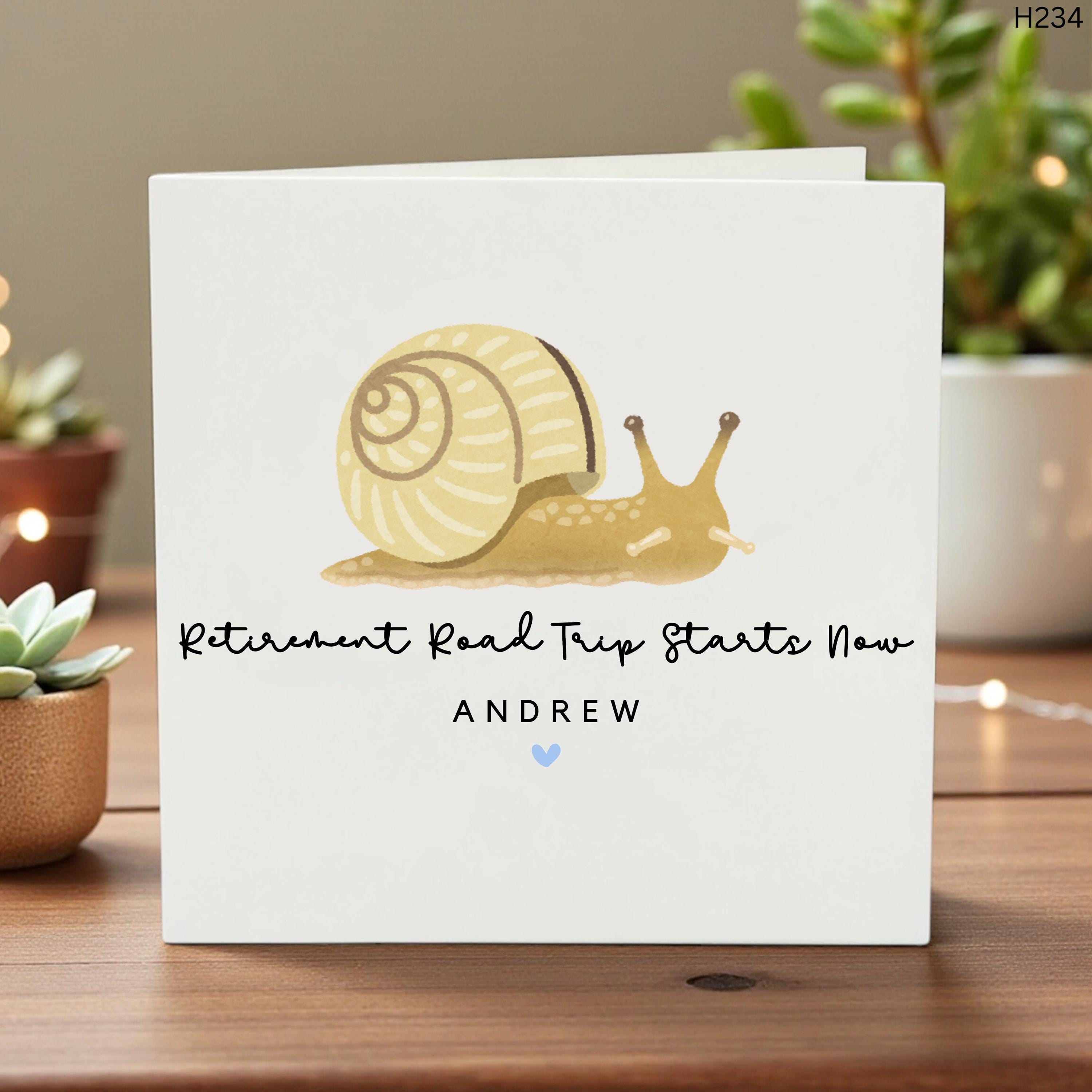 Retirement Card for Dad, Road Trip Starts Now, Funny Retirement Greeting, Personalized Snail Illustration, New Adventure Card