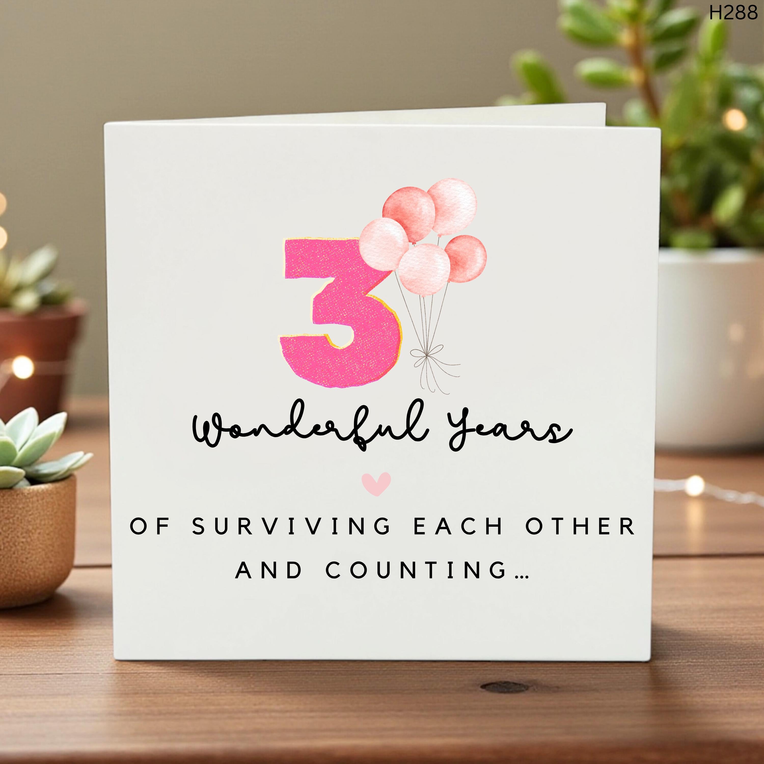 Funny 3rd Anniversary Card for Husband or Wife, 3 Wonderful Years of Surviving Each Other, Humorous Third Wedding Anniversary Gift
