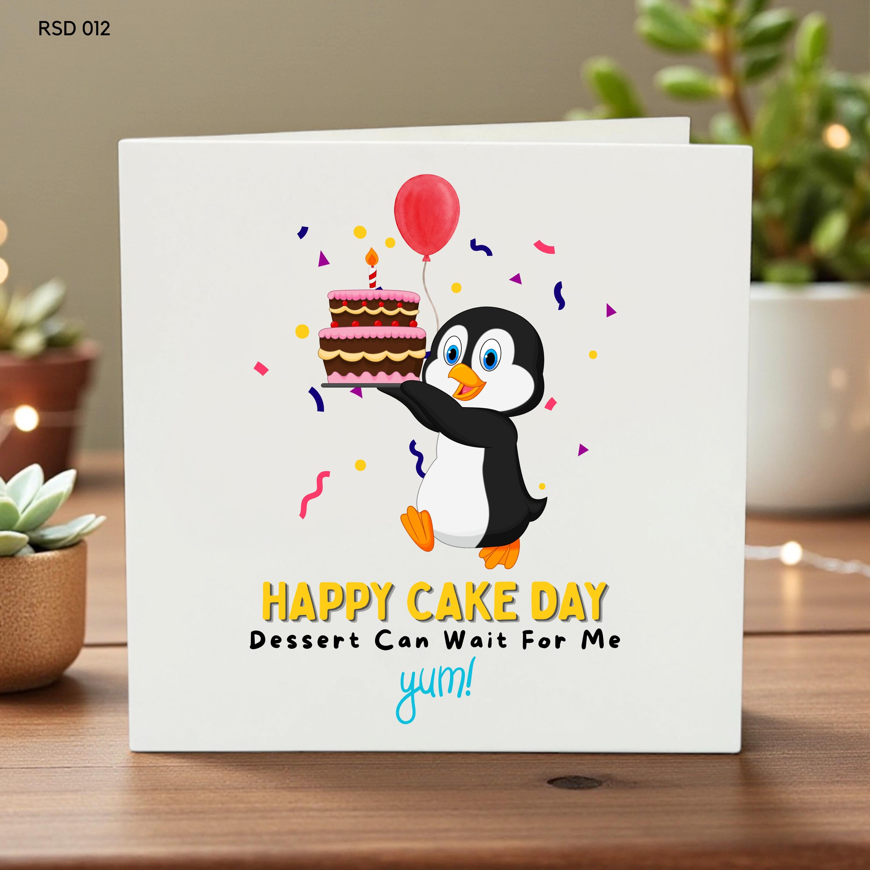 Happy Cake Day Penguin Birthday Card, Cute Dessert Illustration Greeting Card, Funny Penguin Cake Lover Card, Whimsical Birthday Gift