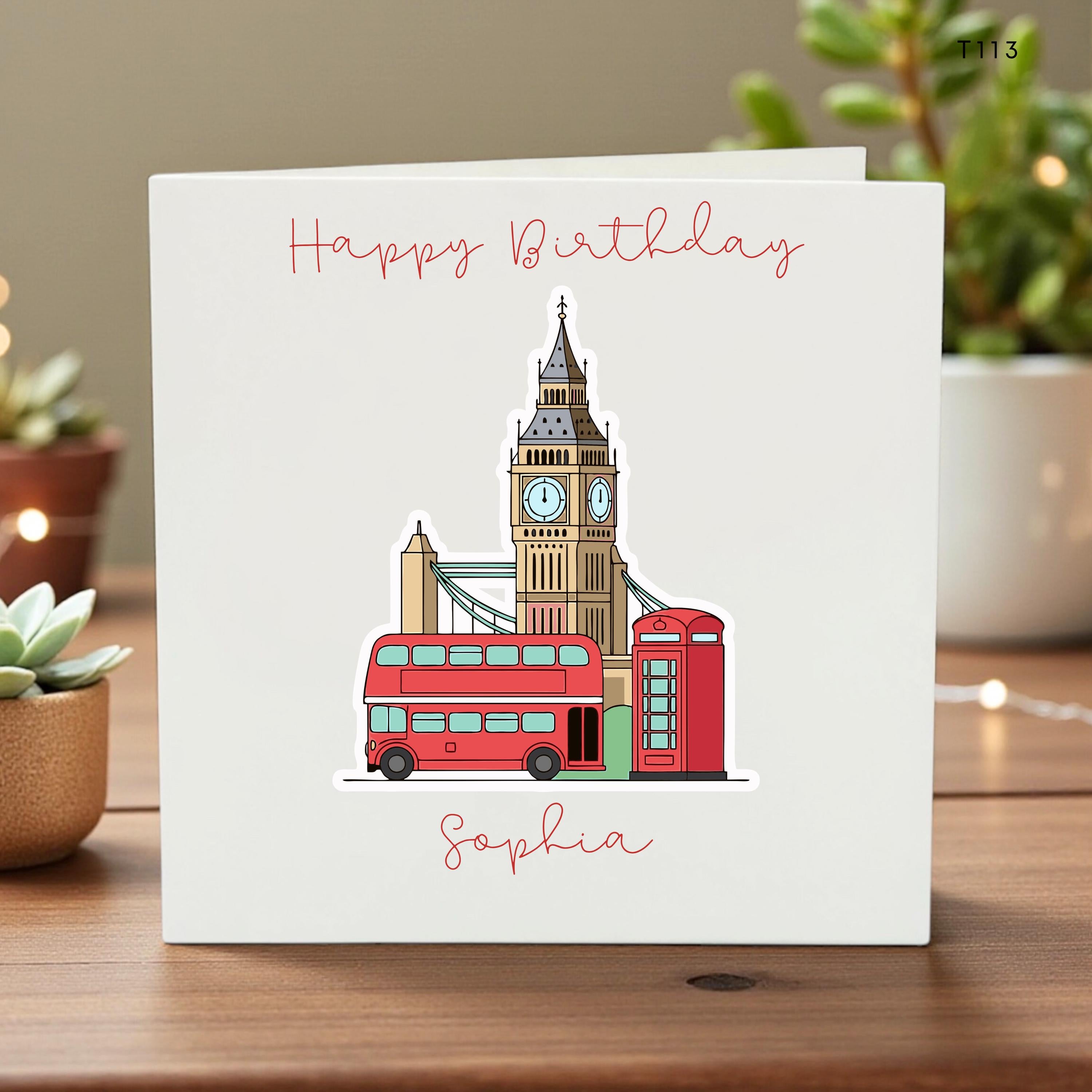 Personalized London Birthday Card - Custom Name Big Ben Greeting Card - Red Bus Phone Box Illustration - UK Theme Birthday Gift for Her Him
