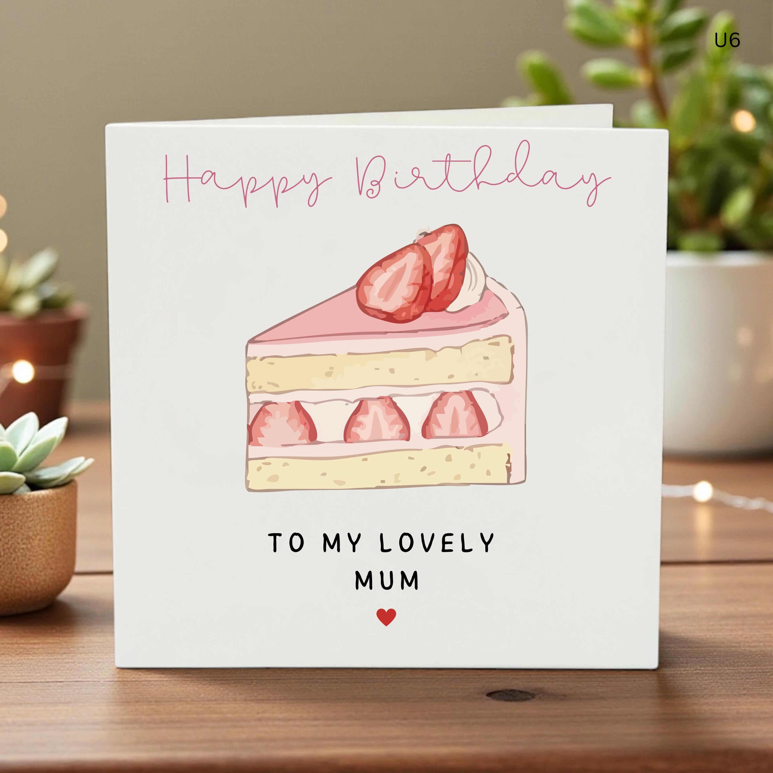 Personalized Strawberry Cake Birthday Card for Mum, Handmade Custom Name Card, Mother Birthday Gift, Sweet Birthday Keepsake