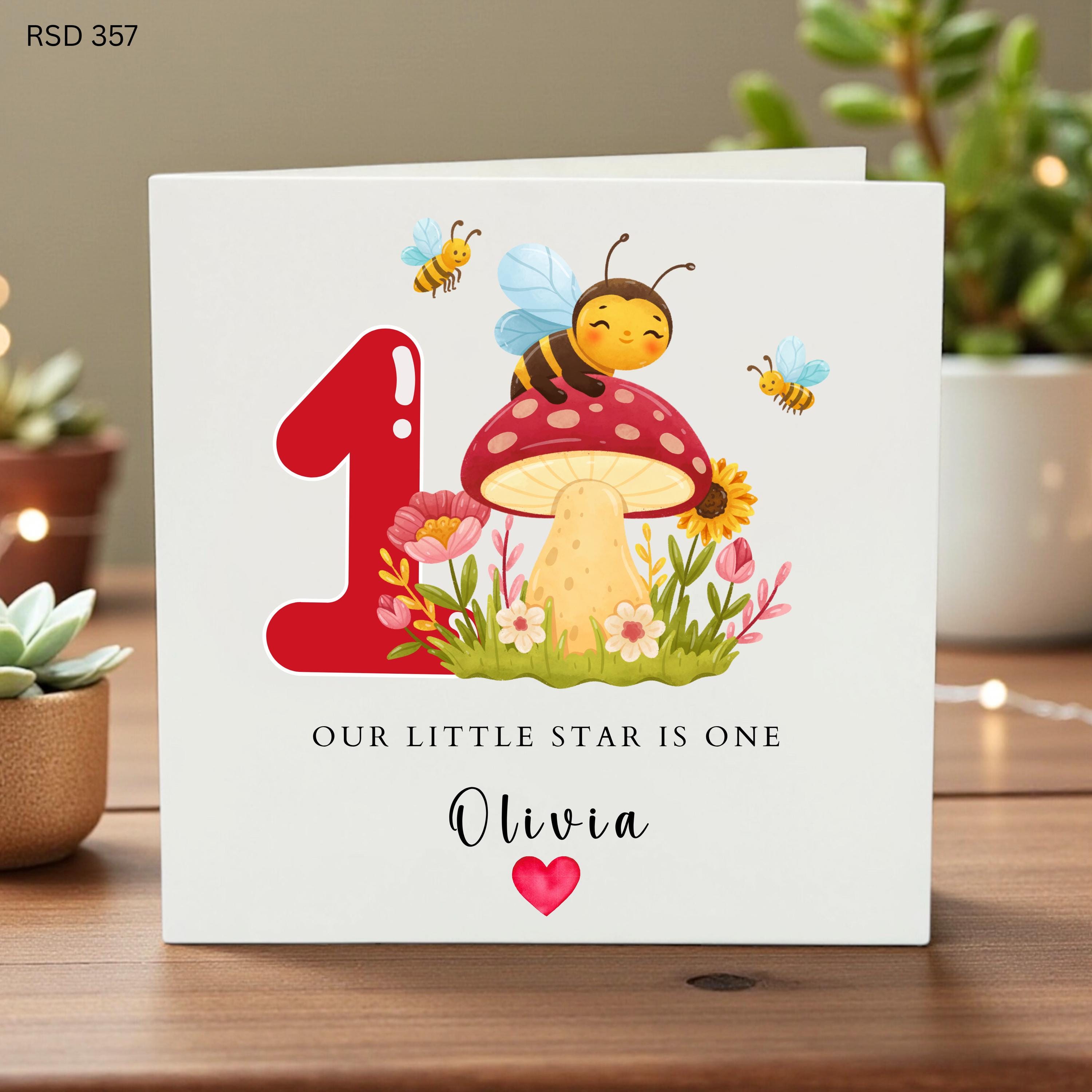 Personalized 1st Birthday Card, Custom First Birthday Card, Woodland Mushroom Birthday, Baby Girl 1st Birthday, Cute Fairy Garden Card 1st