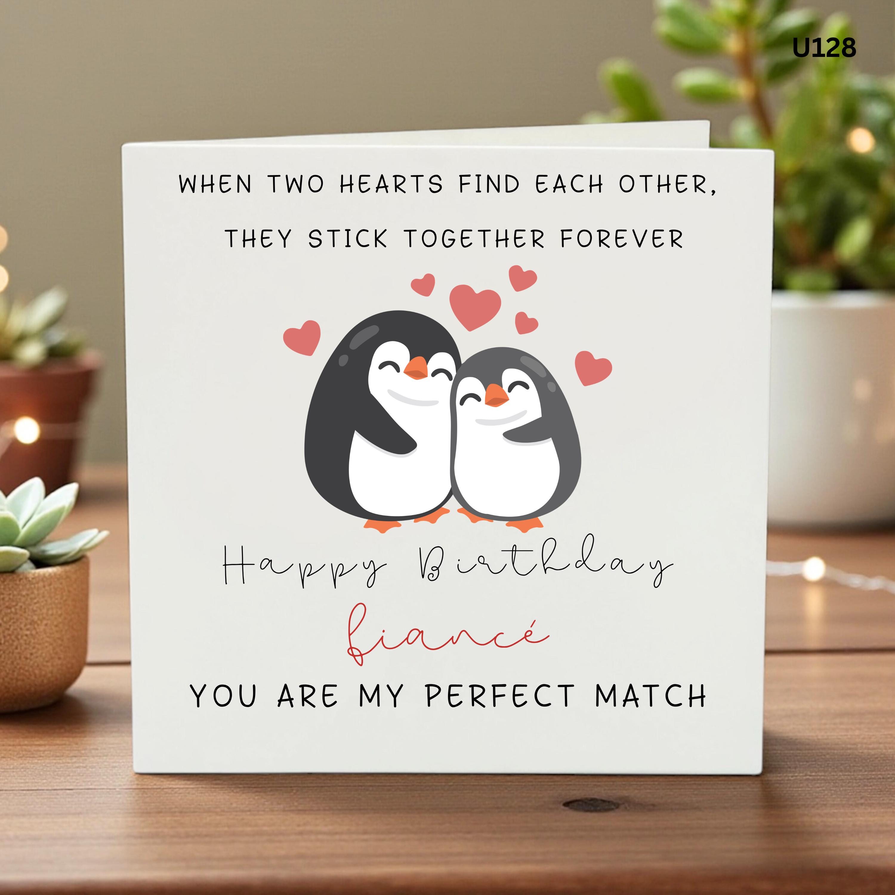 Fiance Birthday Card, Penguin Romantic Birthday Card, Perfect Match Card, Cute Animal Birthday , Engagement Birthday Gift, Love Card for Him