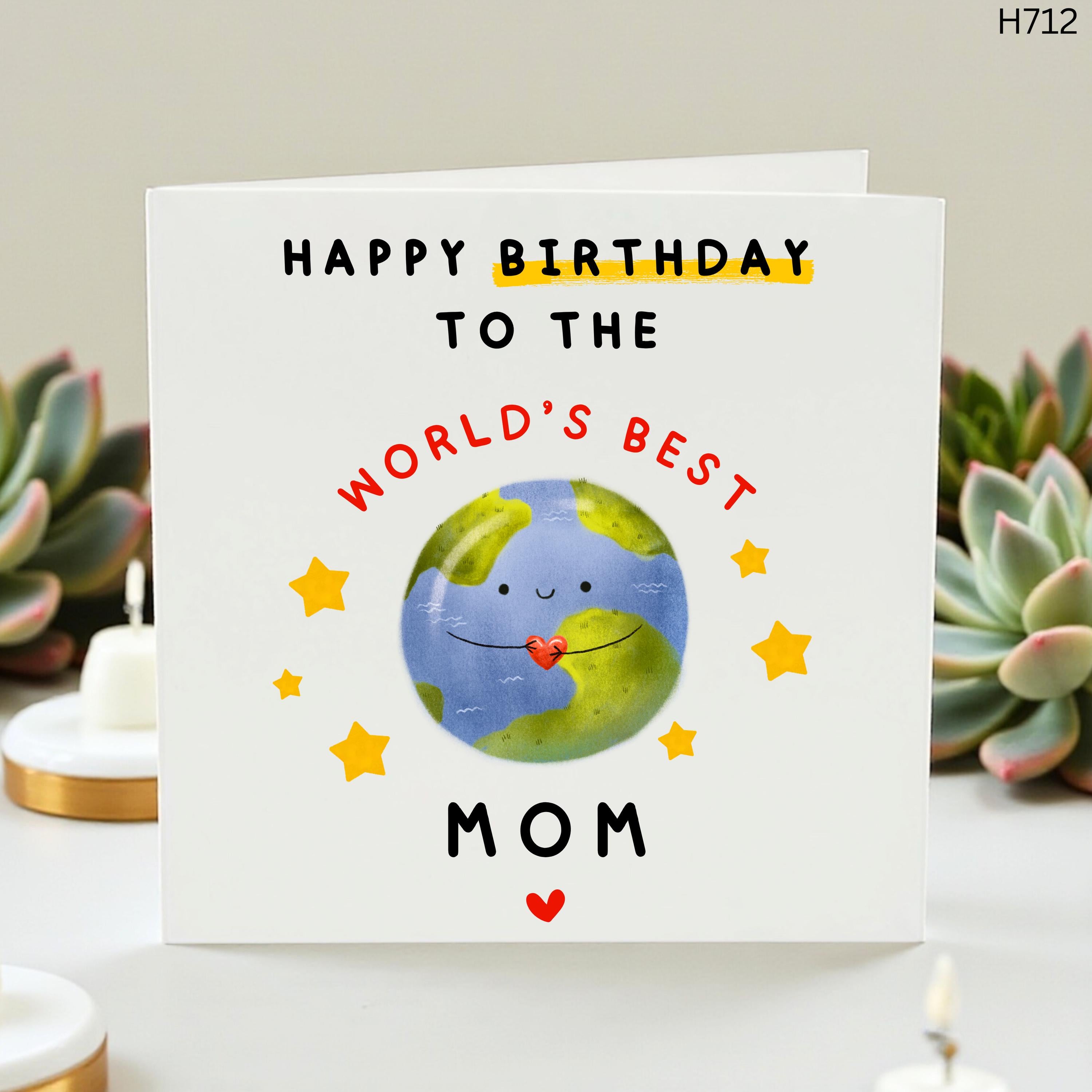 Happy Birthday Mom Card, World's Best Mom Birthday Gift, Cute Earth Design Greeting Card for Mother, Personalized Birthday Present for Mom