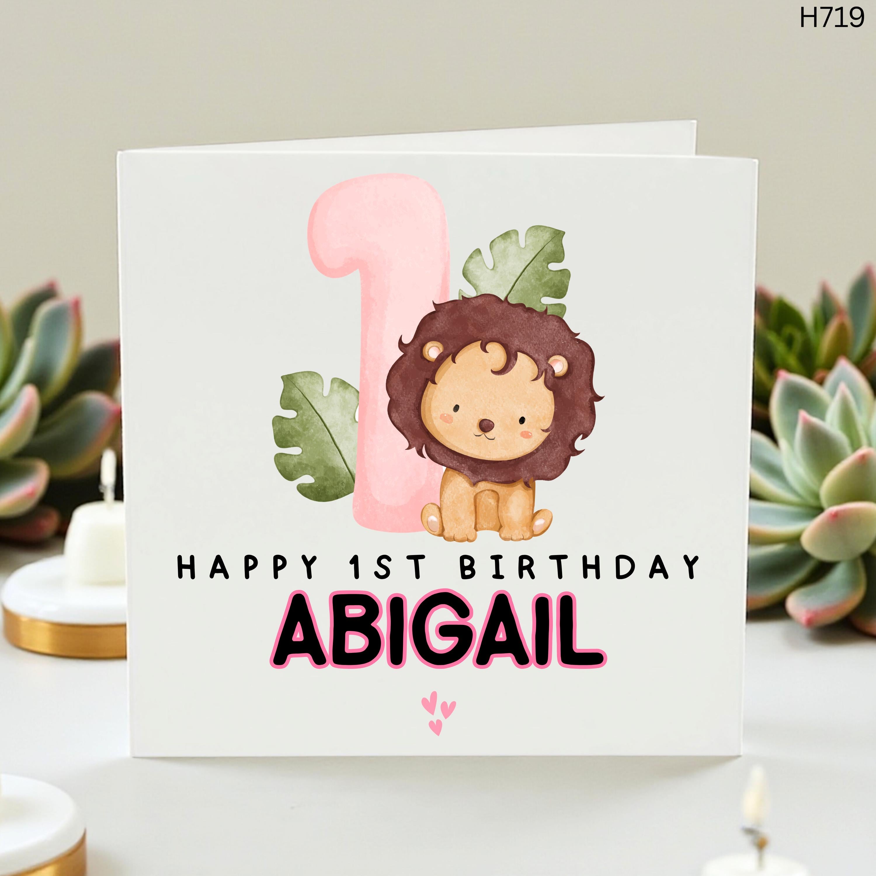 Personalized 1st Birthday Card for Baby Girl, Cute Lion First Birthday Gift, Custom Name 1st Birthday Keepsake, Safari Theme Birthday Card