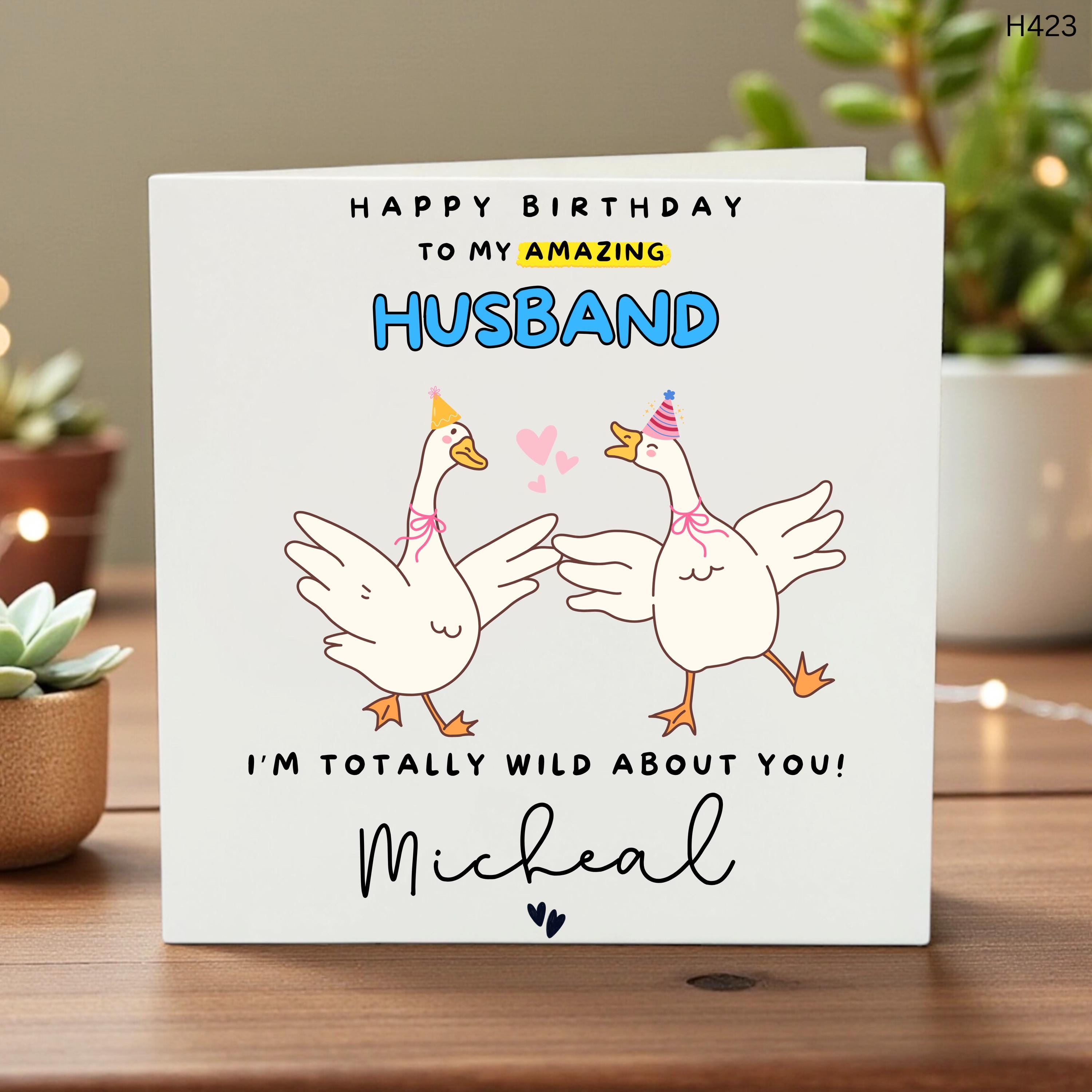 Personalized Birthday Card for Husband, Funny Goose Couple Card, Custom Name Card, Romantic Gift, Cute Love Card, Wild About You 6x6