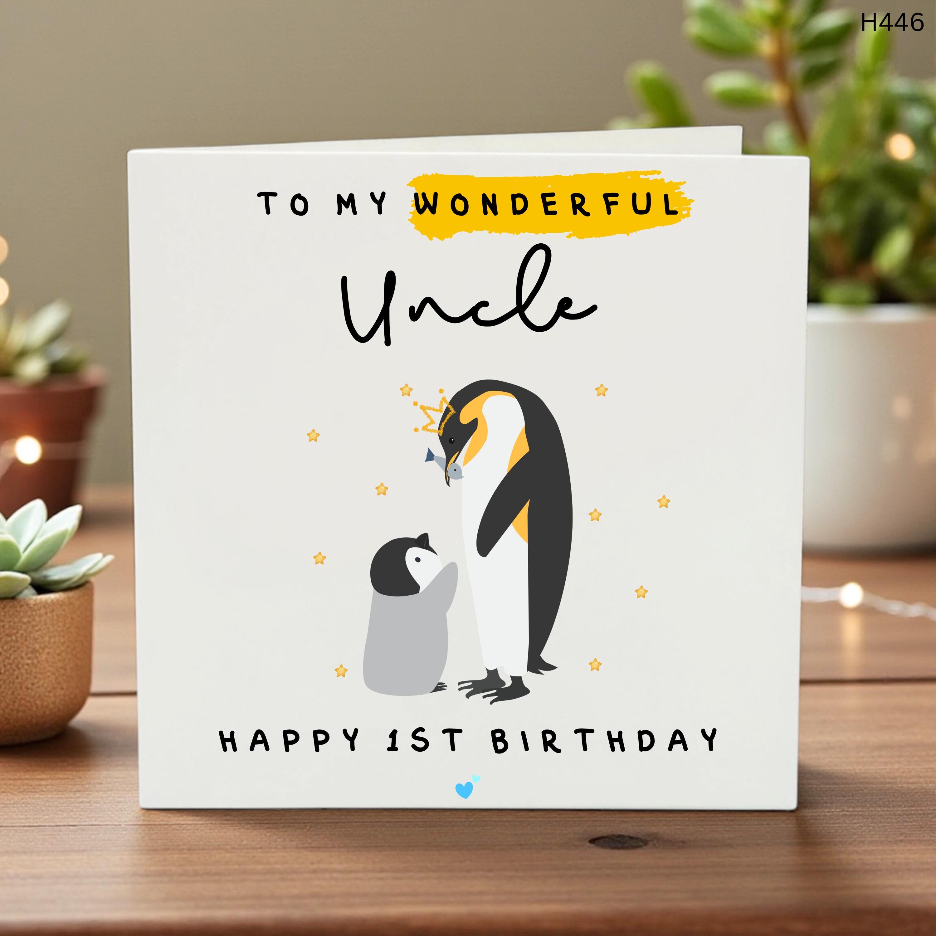 First Birthday Card for Uncle, Cute Penguin Greeting,Personalized Baby or Toddler Card, Unique Family Keepsake, Custom Card - Uncle Birthday