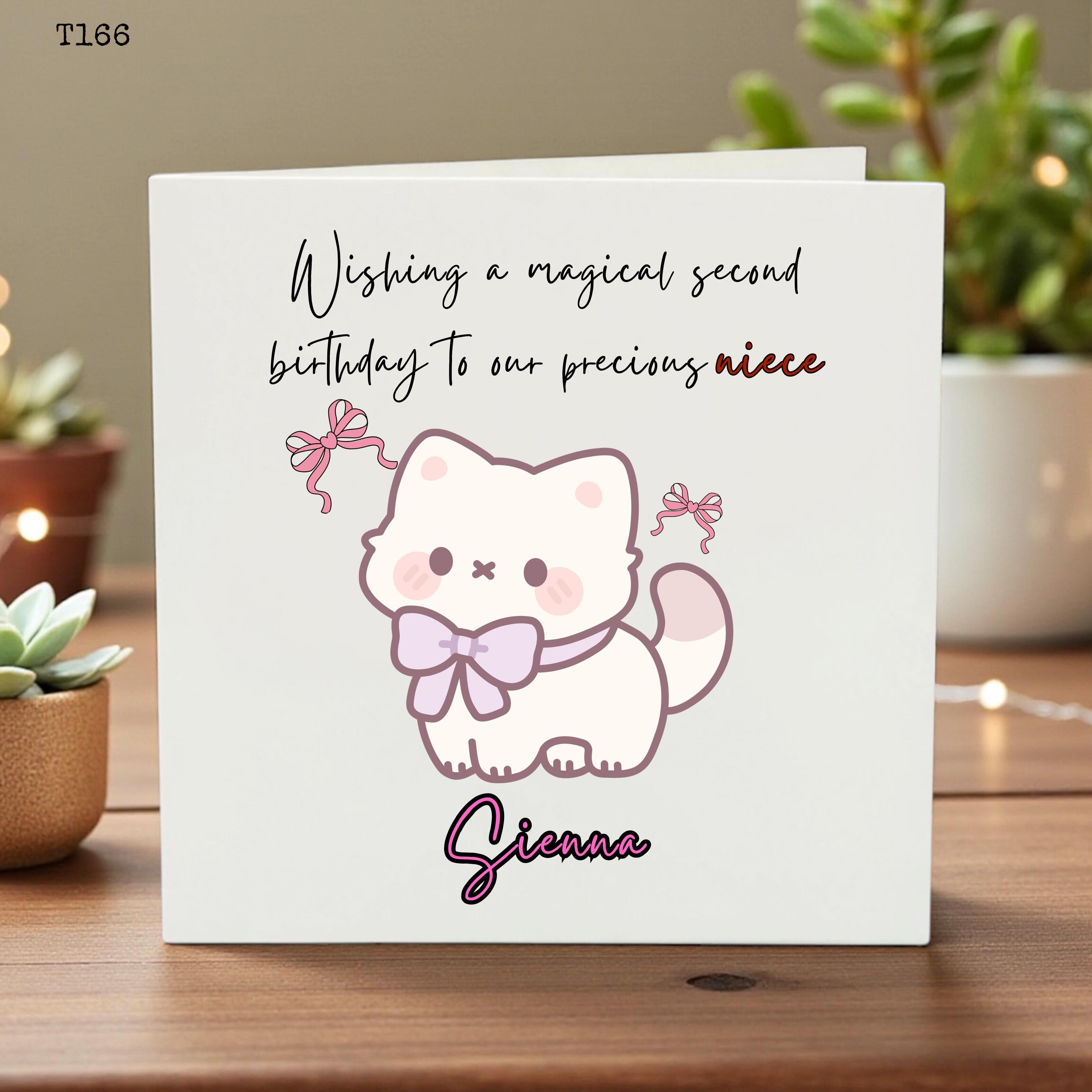 Personalized 2nd Birthday Card for Niece - Cute Kitten Pink Bow Greeting Card - Custom Name Second Birthday Card for Daughter Girl