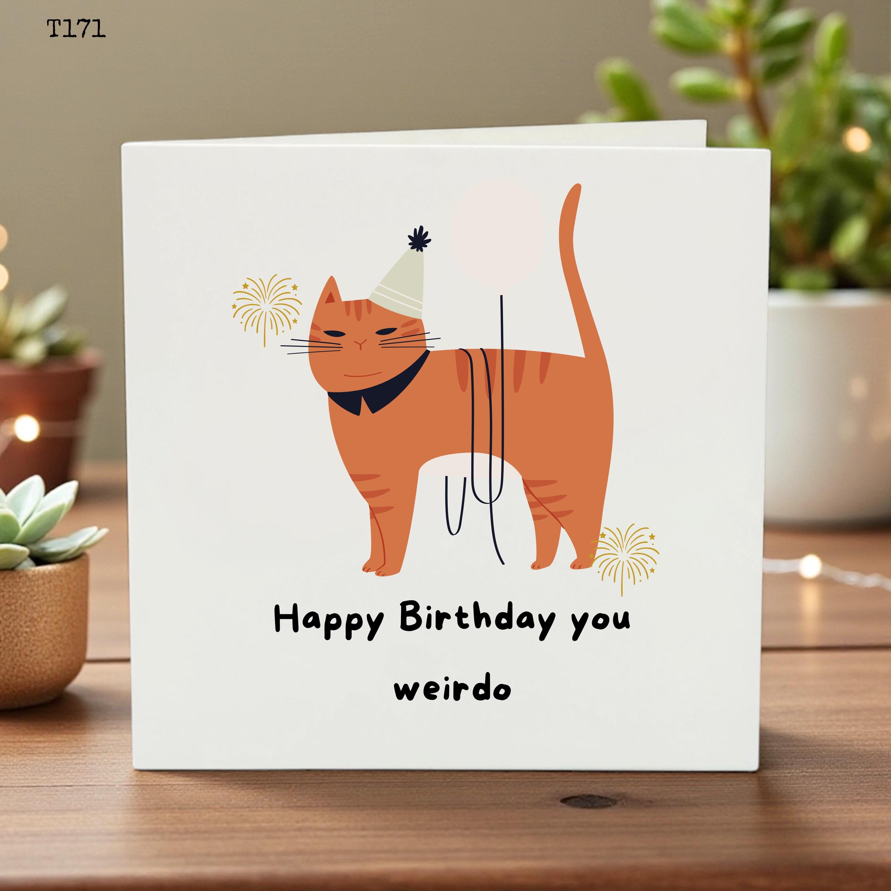 Funny Cat Birthday Card - Happy Birthday You Weirdo Greeting Card for Best Friend - Ginger Orange Tabby Cat Lover Gift for Him or Her