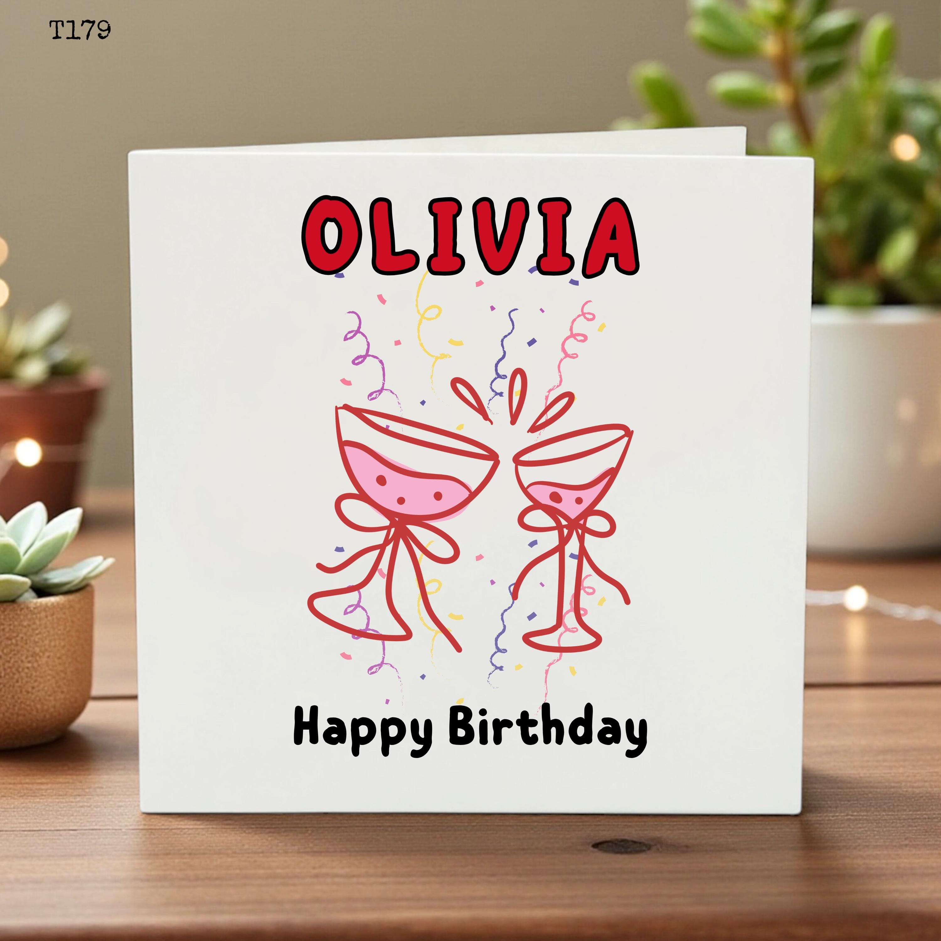Personalized Birthday Card for Her - Cheers Happy Birthday Olivia Custom Name Card - Wine Glass Celebration Greeting Card for Friend, Sister
