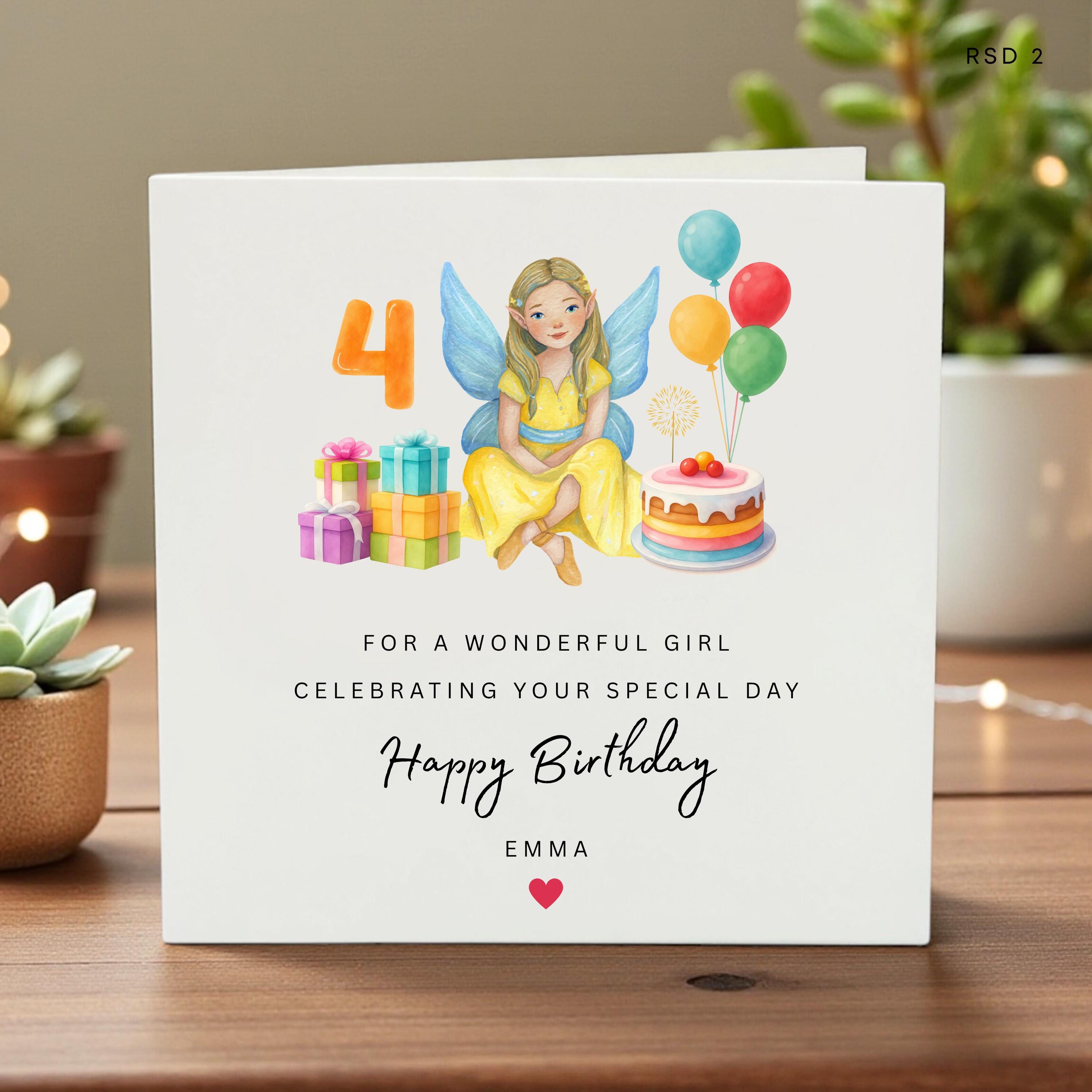 Personalized 4th Birthday Card for Girl, Fairy Theme Birthday Gift, Whimsical Daughter or Granddaughter Age 4 Card, Custom Name Emma Card