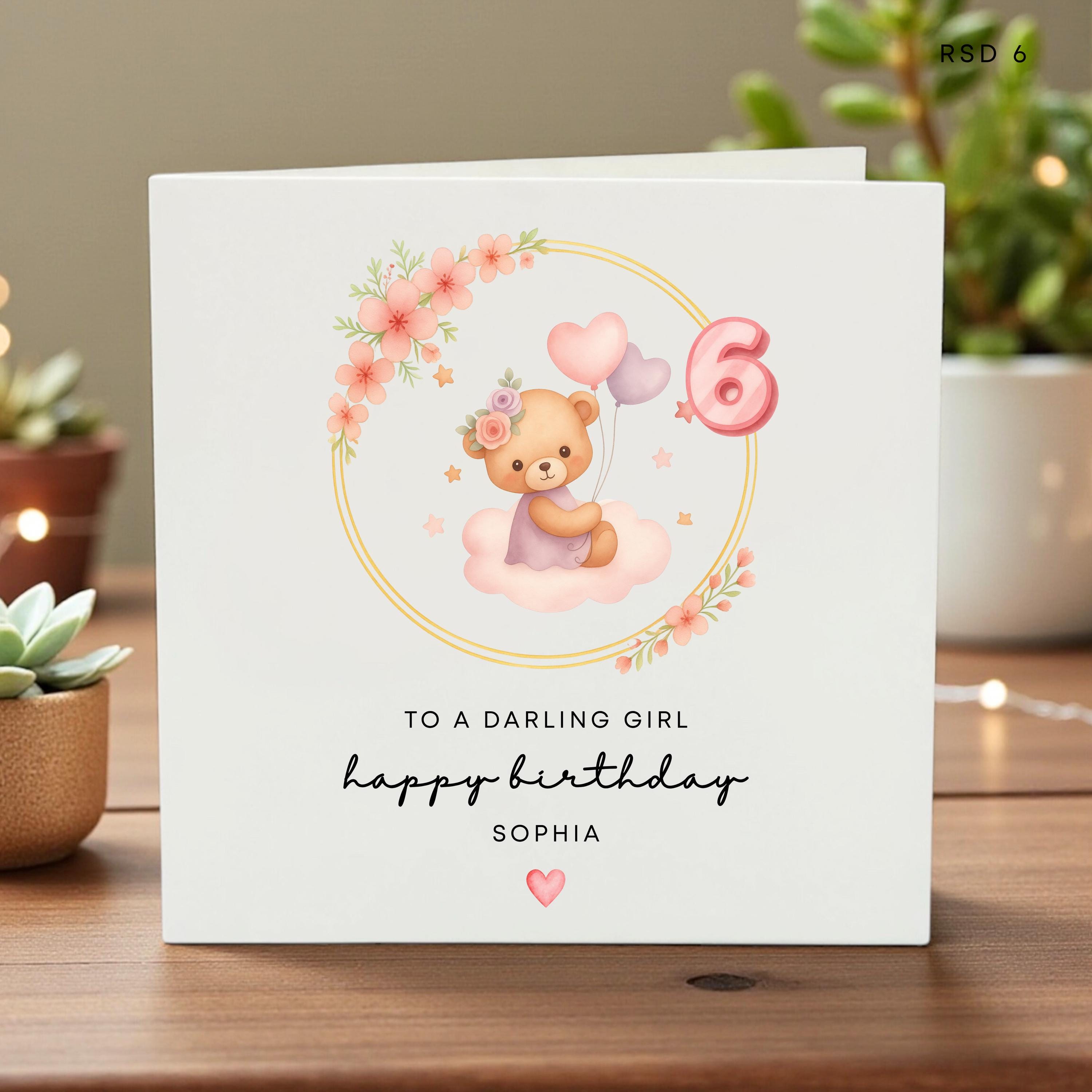 Personalized 6th Birthday Card for Girl, Cute Teddy Bear Theme Birthday Gift, Pink Floral Daughter or Granddaughter Age 6 Card,Custom Sophia