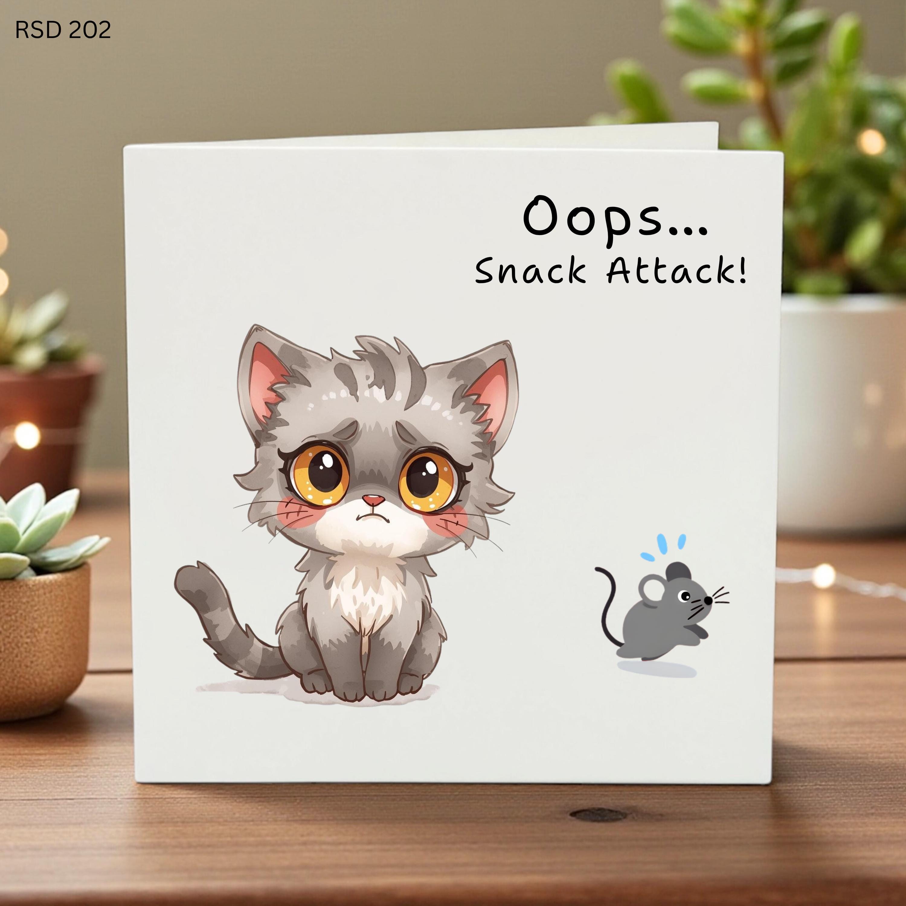 Funny Kitten Birthday Card, Oops Snack Attack Card for Cat Lover, Cute Grey Cat and Mouse Greeting Card, Humorous Apology or Thinking of You