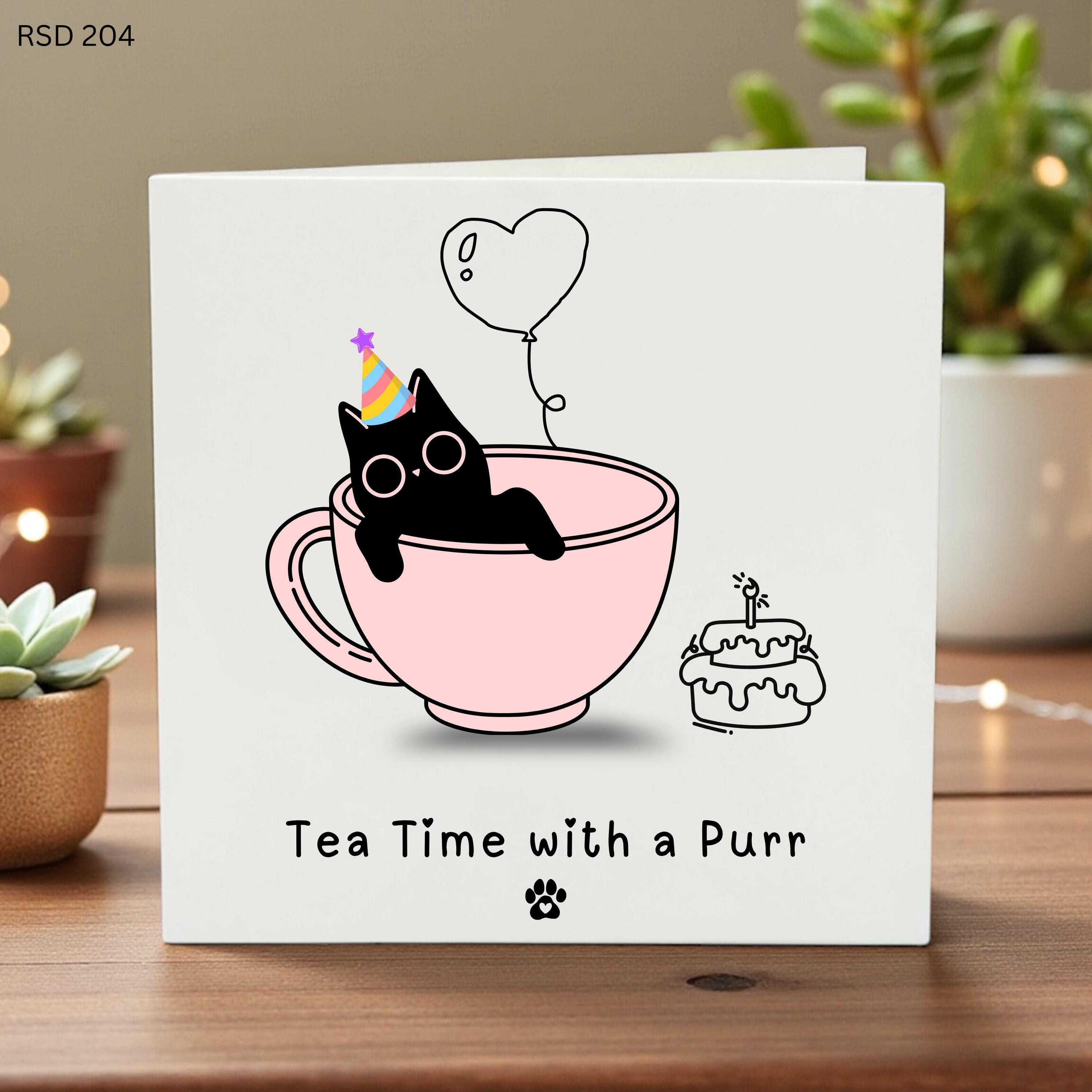 Funny Black Cat Birthday Card, Tea Time with a Purr, Cute Kitten in Teacup Greeting Card for Tea Lover, Whimsical Cat Mom Gift for Friend