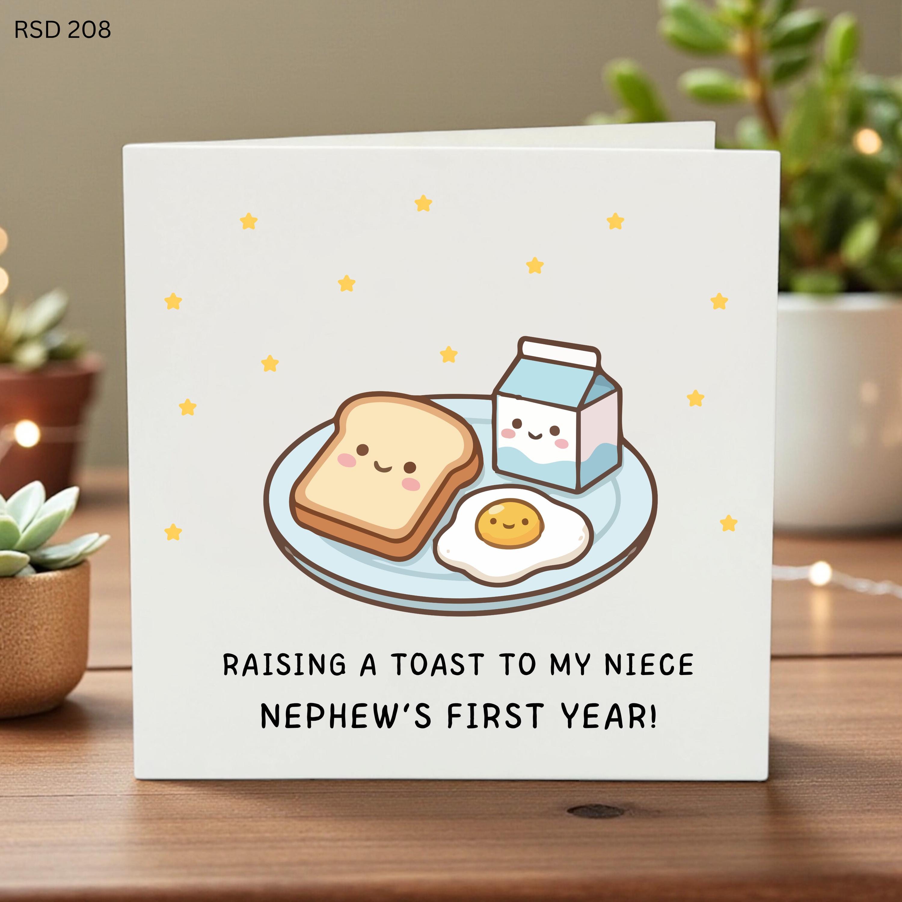 1st Birthday Card for Niece or Nephew, Raising a Toast First Year Card, Cute Breakfast Pun Birthday Gift, Funny 1 Year Old Card from Aunt