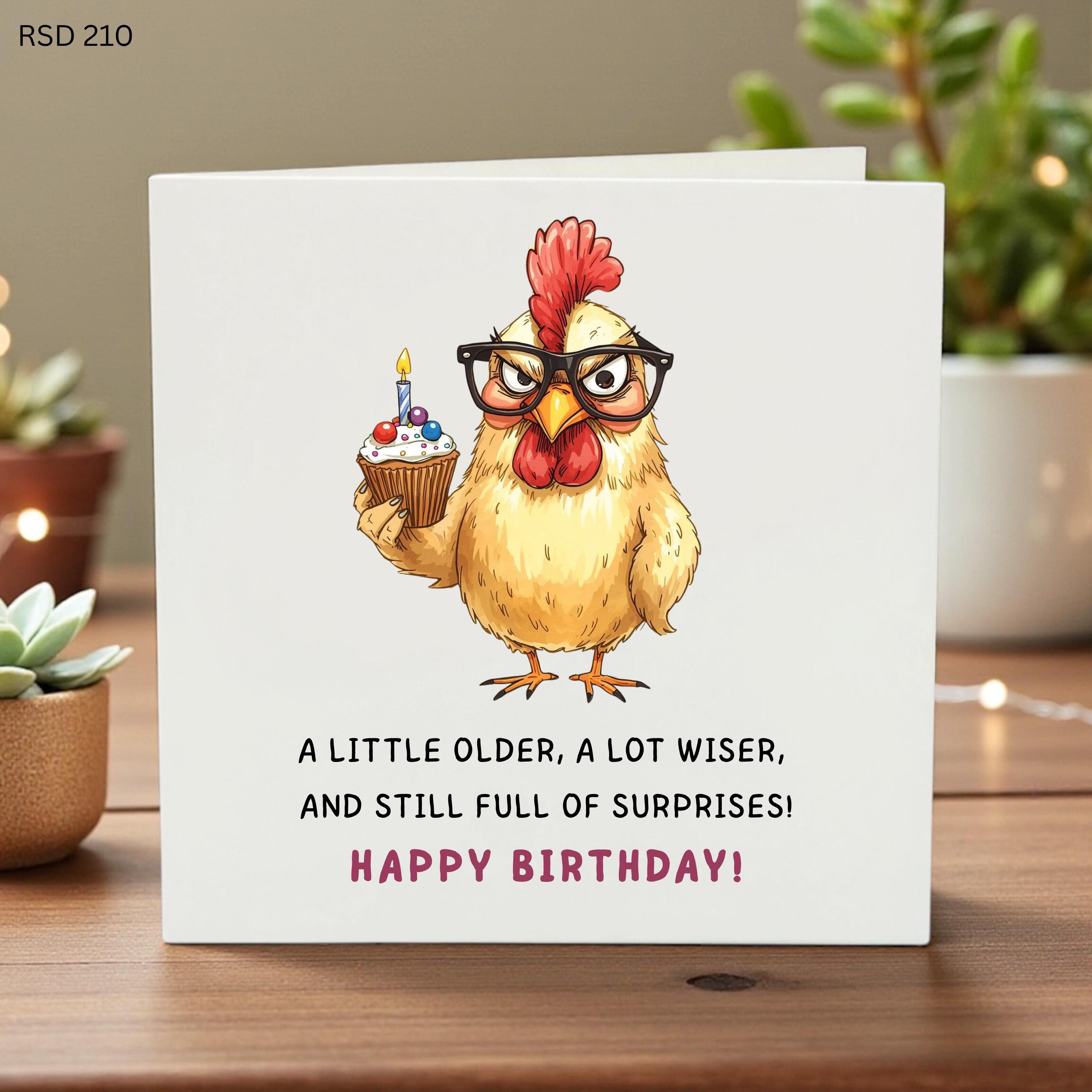 Funny Chicken Birthday Card, A Little Older A Lot Wiser, Grumpy Rooster with Glasses Greeting Card, Humorous Birthday Gift for Chicken Lover