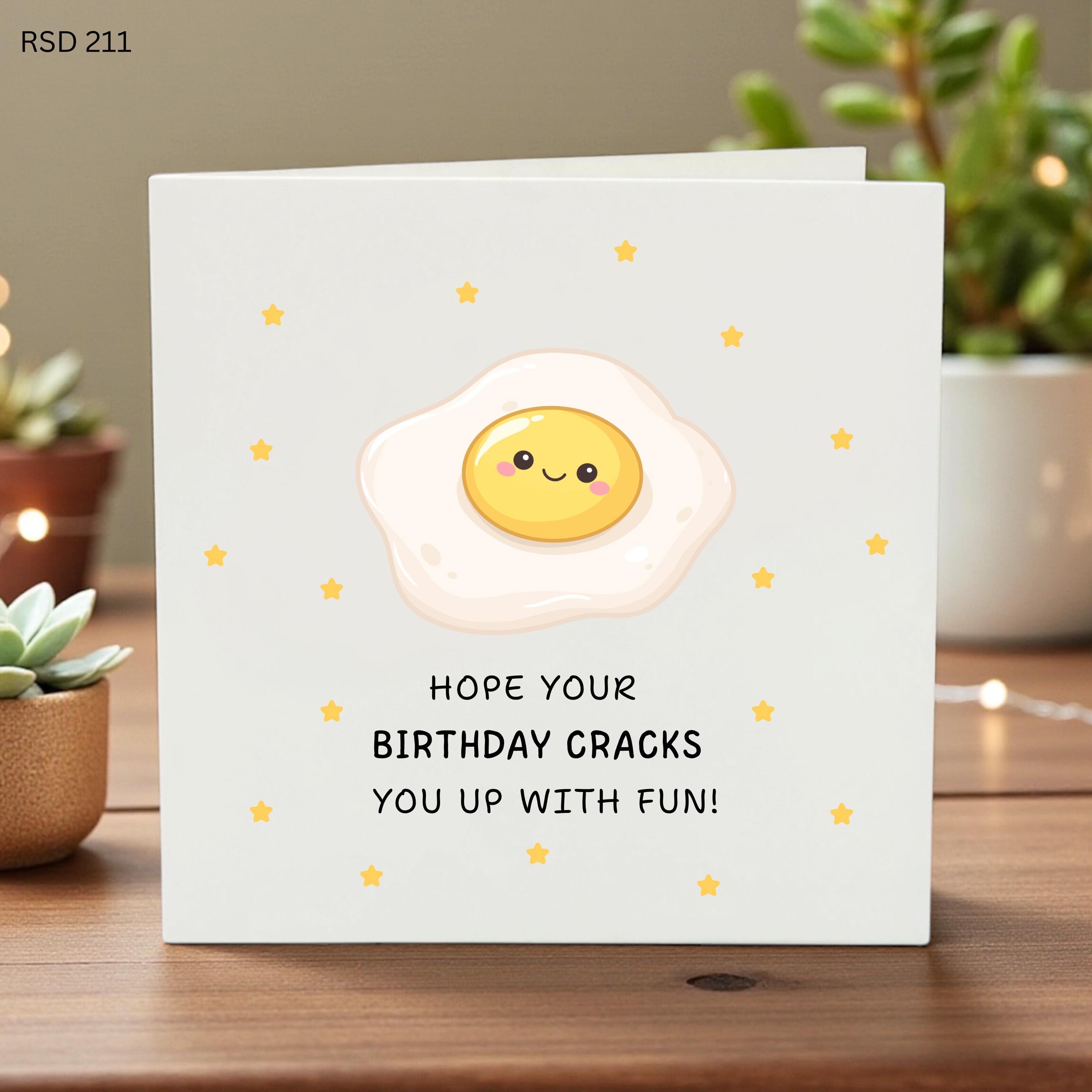 Funny Egg Birthday Card, Hope Your Birthday Cracks You Up With Fun, Cute Fried Egg Pun Greeting Card for Friend, Kawaii Food Lover Gift