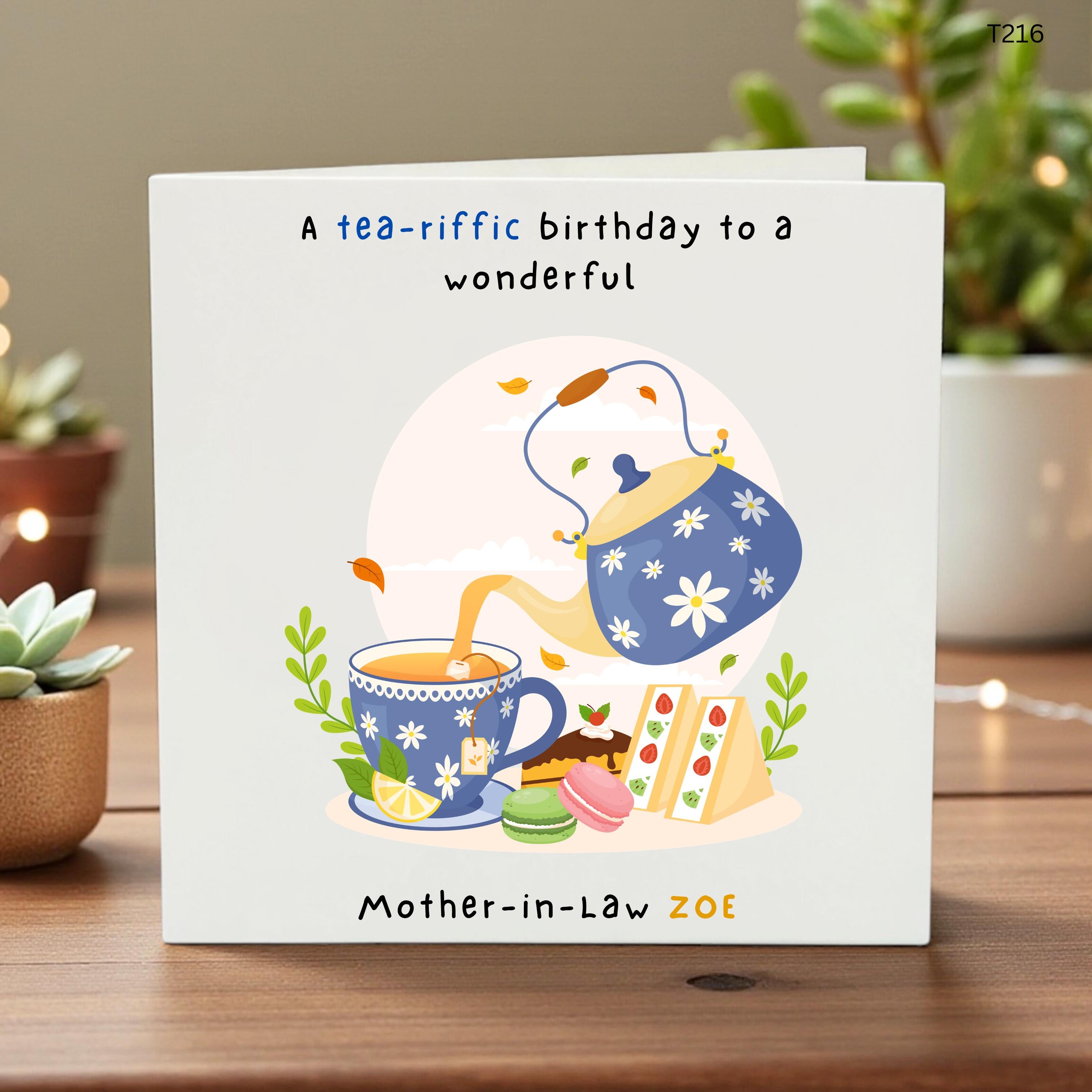 Mother in Law Birthday Card, Tea Themed Birthday Card, Personalised Tea Card, Tea-riffic Birthday,MIL Gift Card, Funny Birthday Card for Her