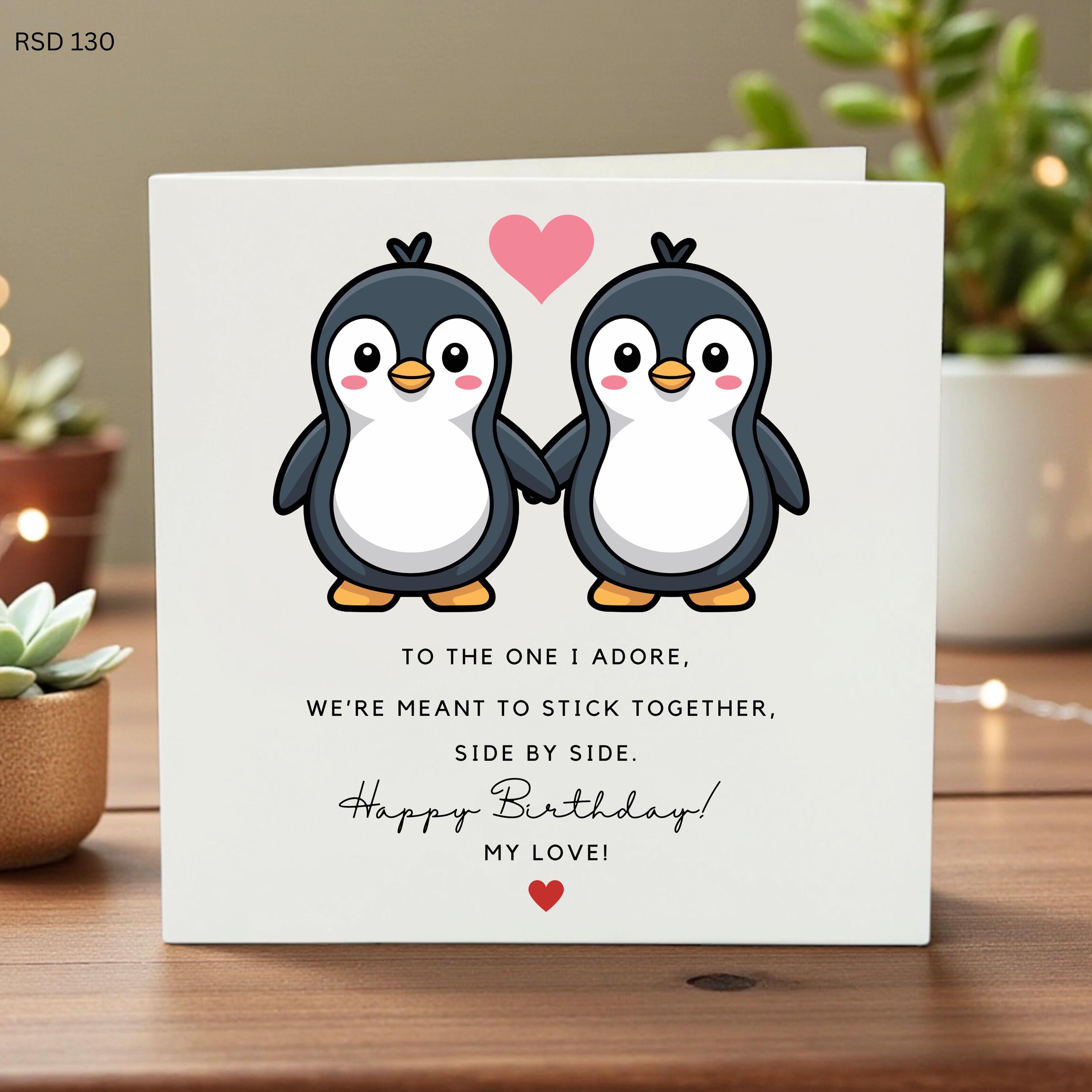 Happy Birthday Love Greeting Penguin Illustration Stick Together Quote Romantic Partner Stationery