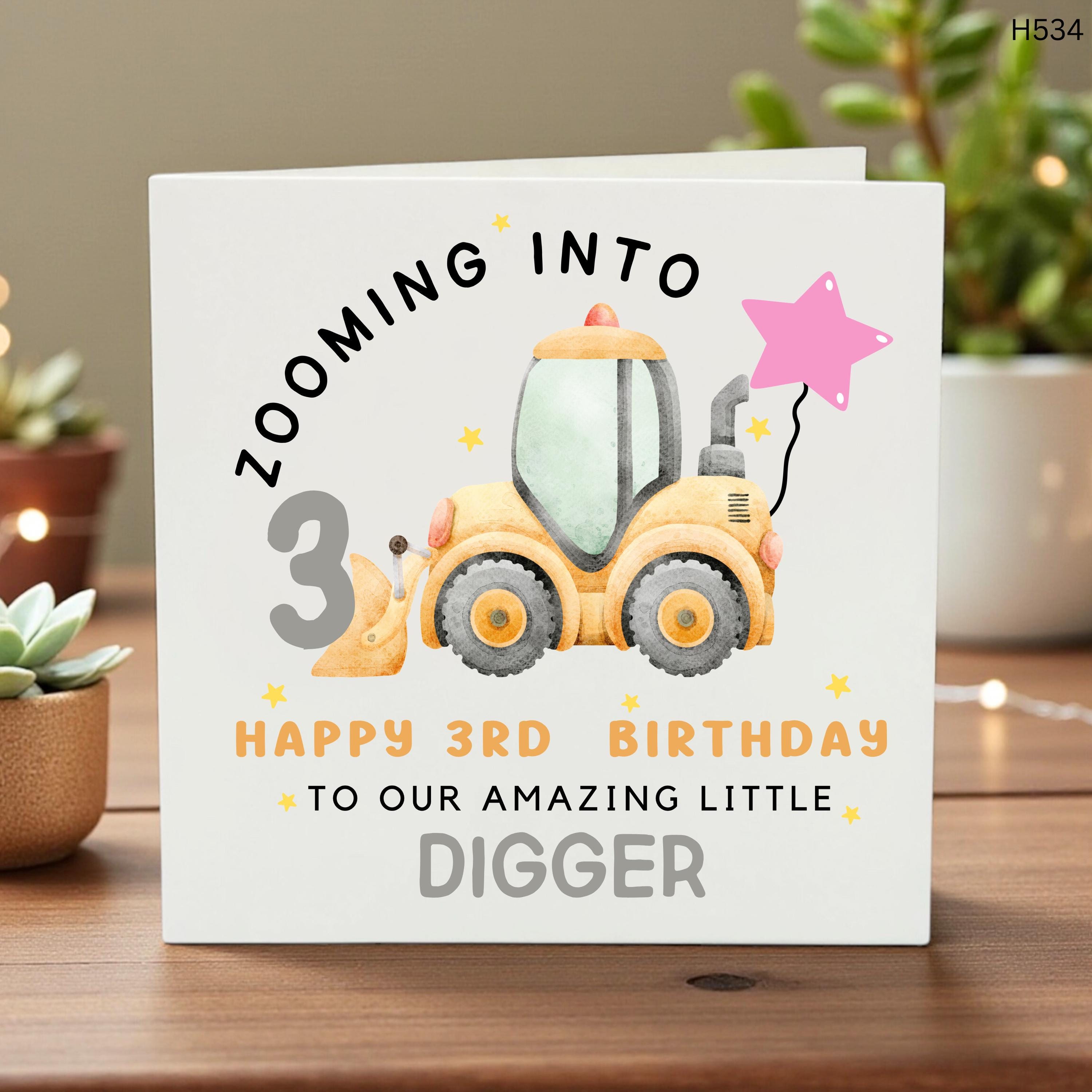 Zooming Into 3 - Personalized 3rd Birthday Card for Son or Grandson, Digger Construction Theme Birthday Card, Custom Little Digger Greeting