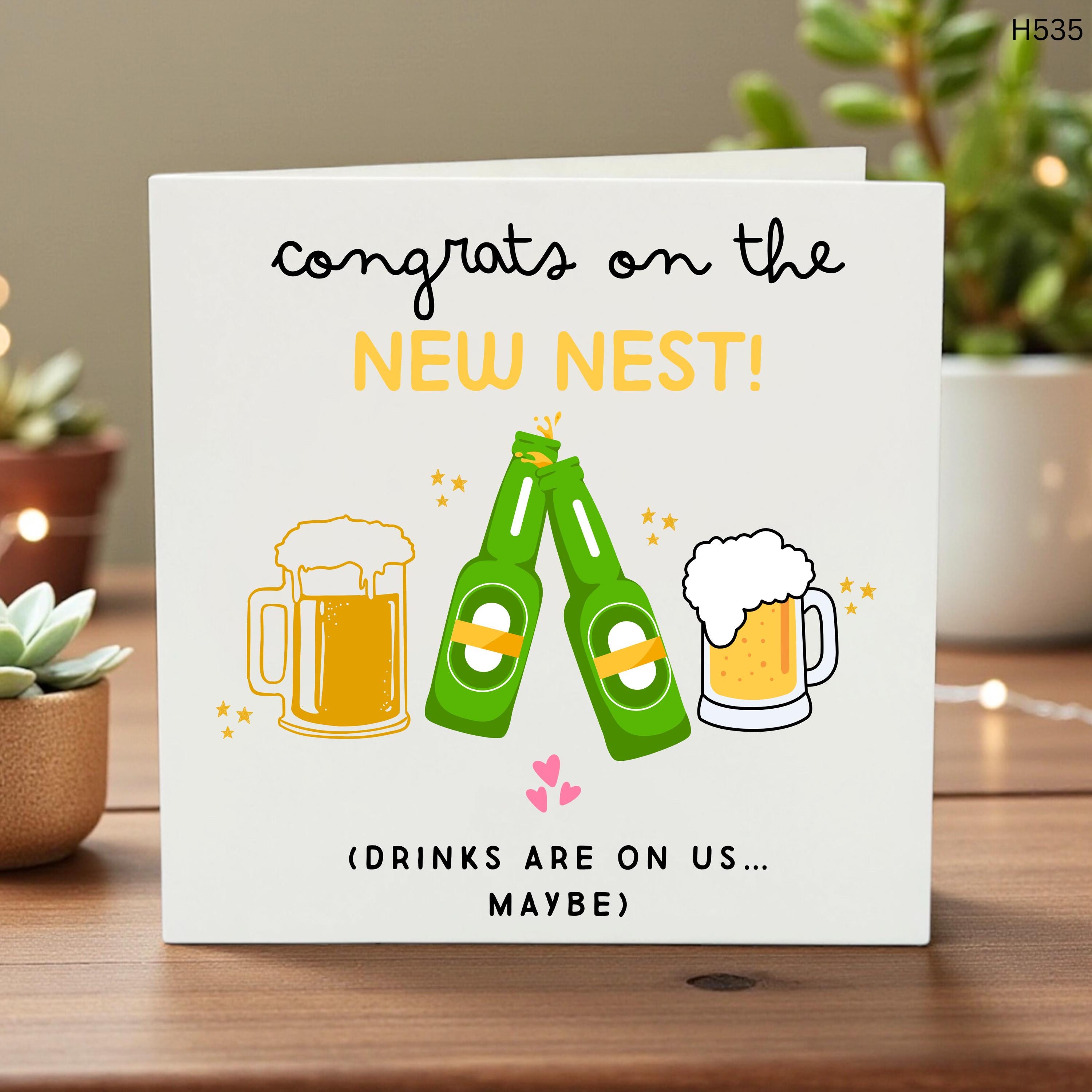 Funny New Home Card - Congrats on the New Nest, New House Gift for Couples or Friends, Beer Illustration Housewarming Card, Humorous