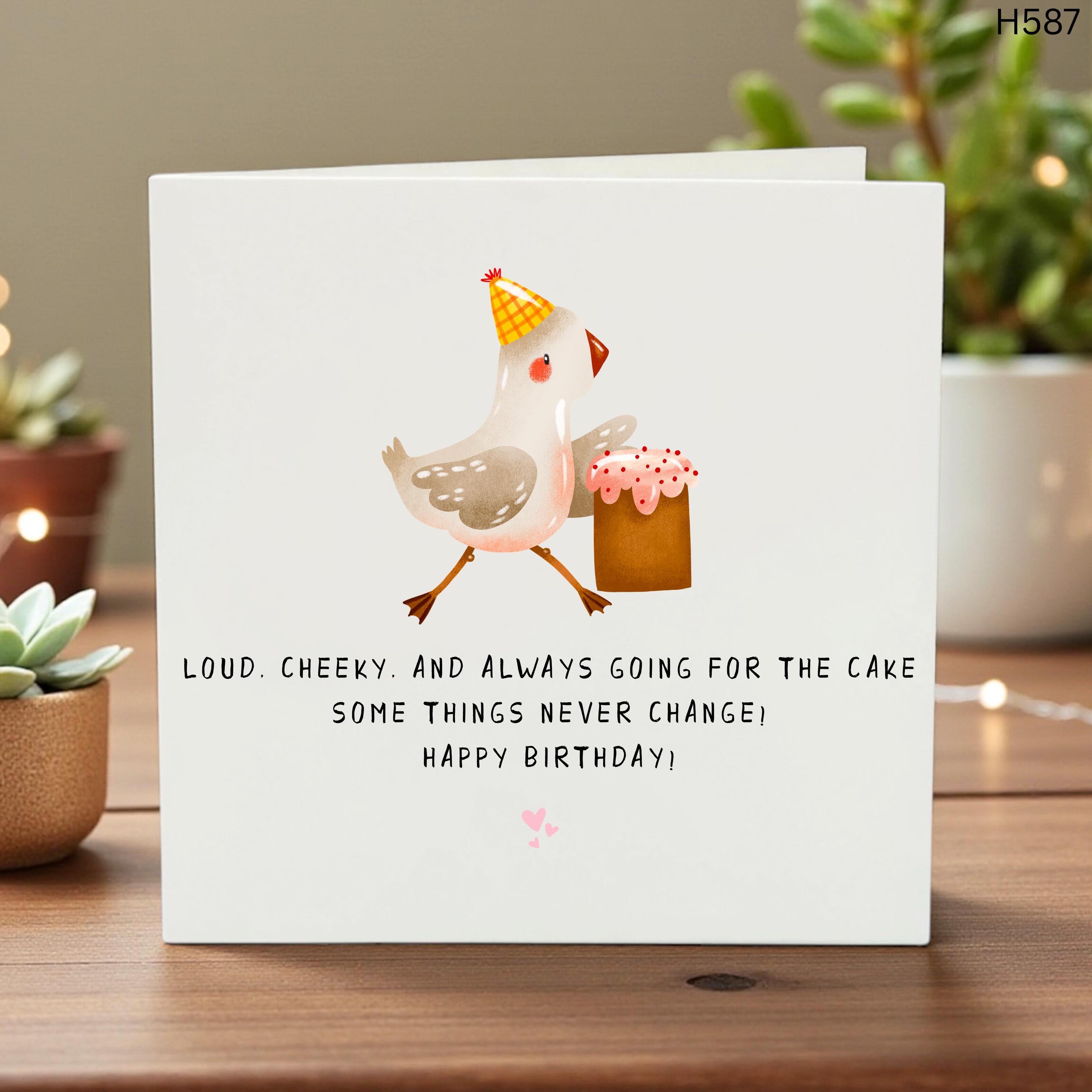 Funny Bird Birthday Card - Cheeky Greeting Card for Cake Lovers, Cute Illustration Birthday Gift for Friend, Sister, or Brother, Loud Bird