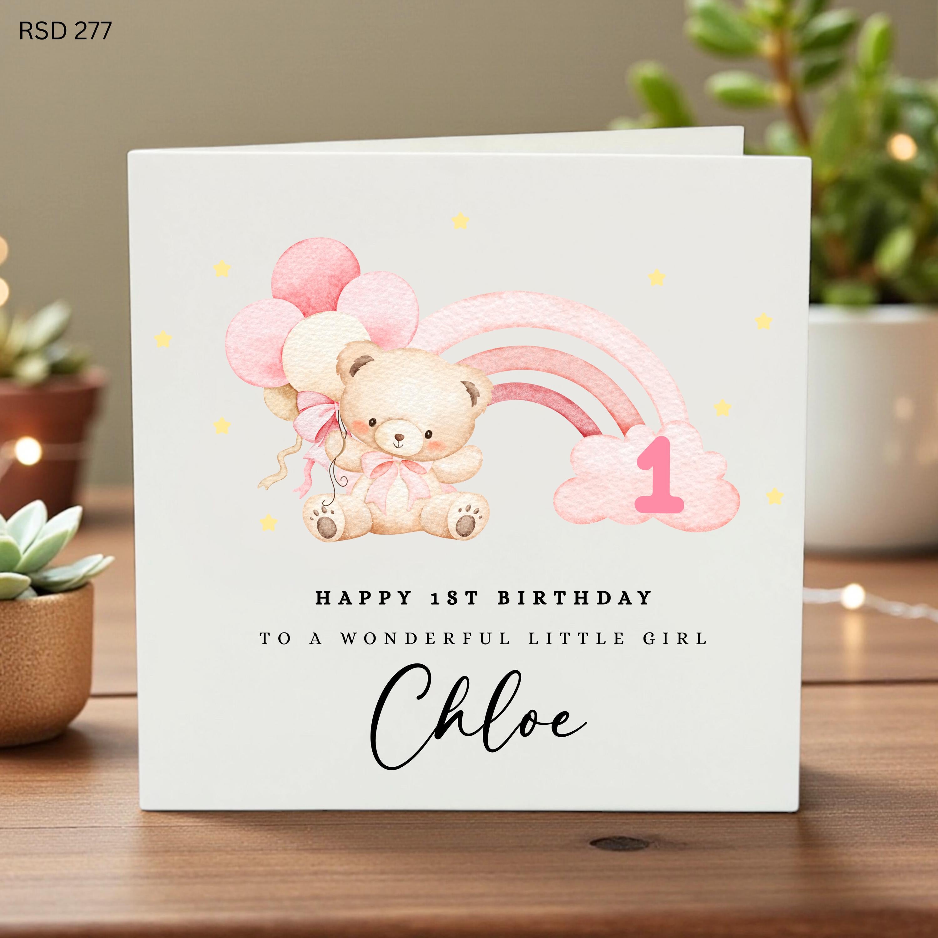 Personalized 1st Birthday Card for Girl, Custom Name 1 Year Old Card, Daughter Granddaughter First Birthday, Chloe Pink Rainbow Teddy Bear