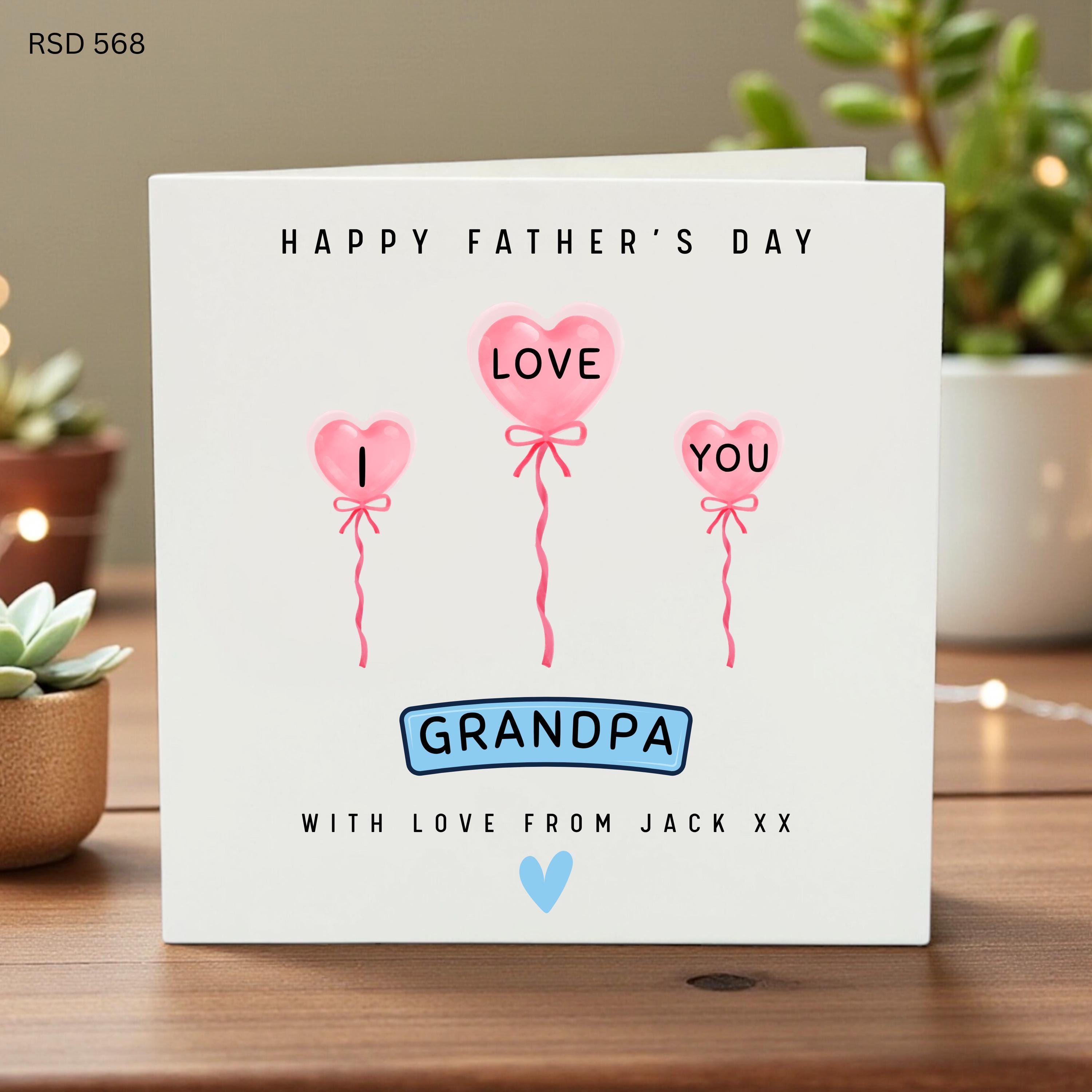 Personalized Father’s Day Card for Grandpa, I Love You Design, Custom Name Gift, Cute Balloon Illustration, Blue Theme Card