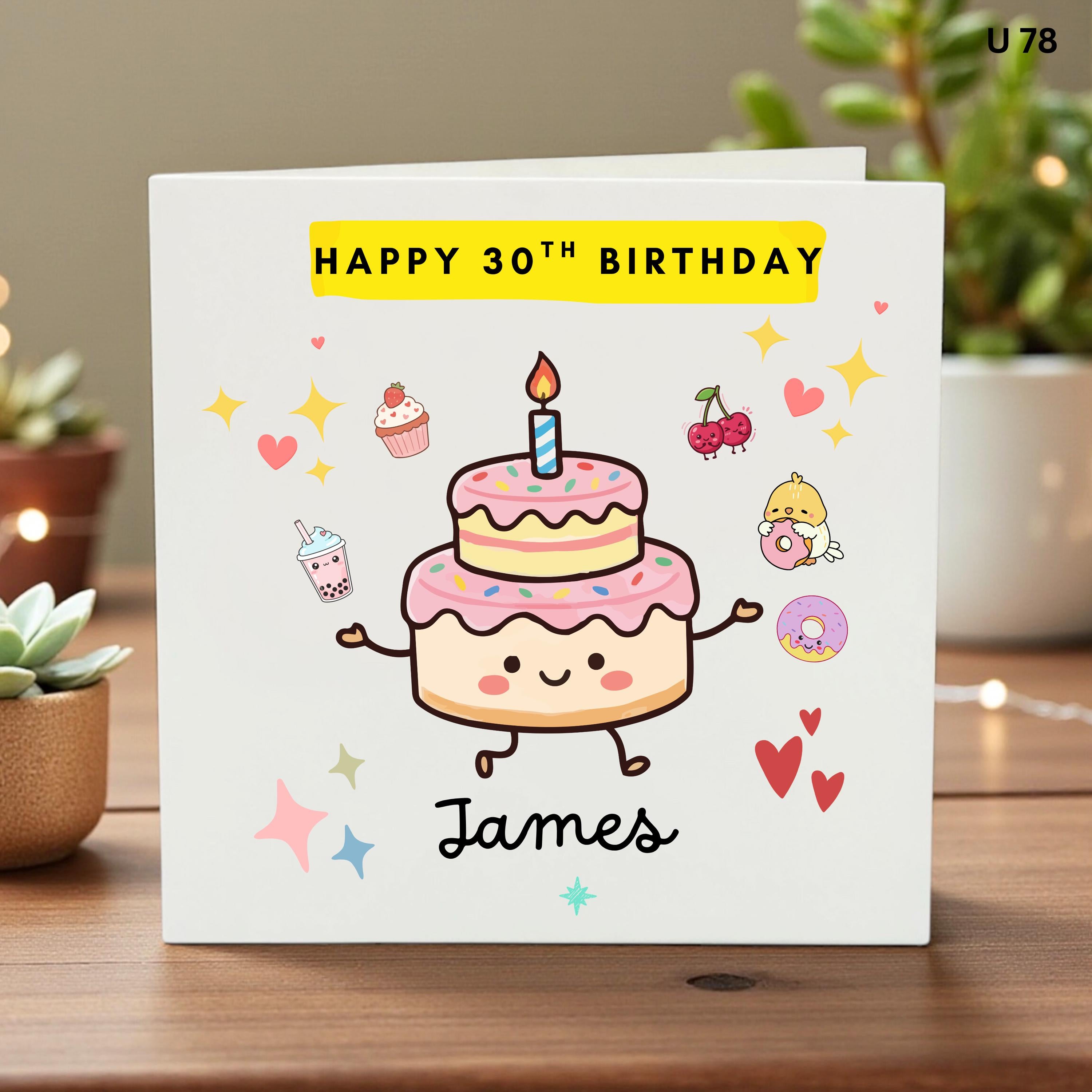 Personalized 30th Birthday Card, Custom Birthday Card for James, Cute Kawaii Cake Card, 30th Birthday Gift,Milestone Birthday for Him or Her