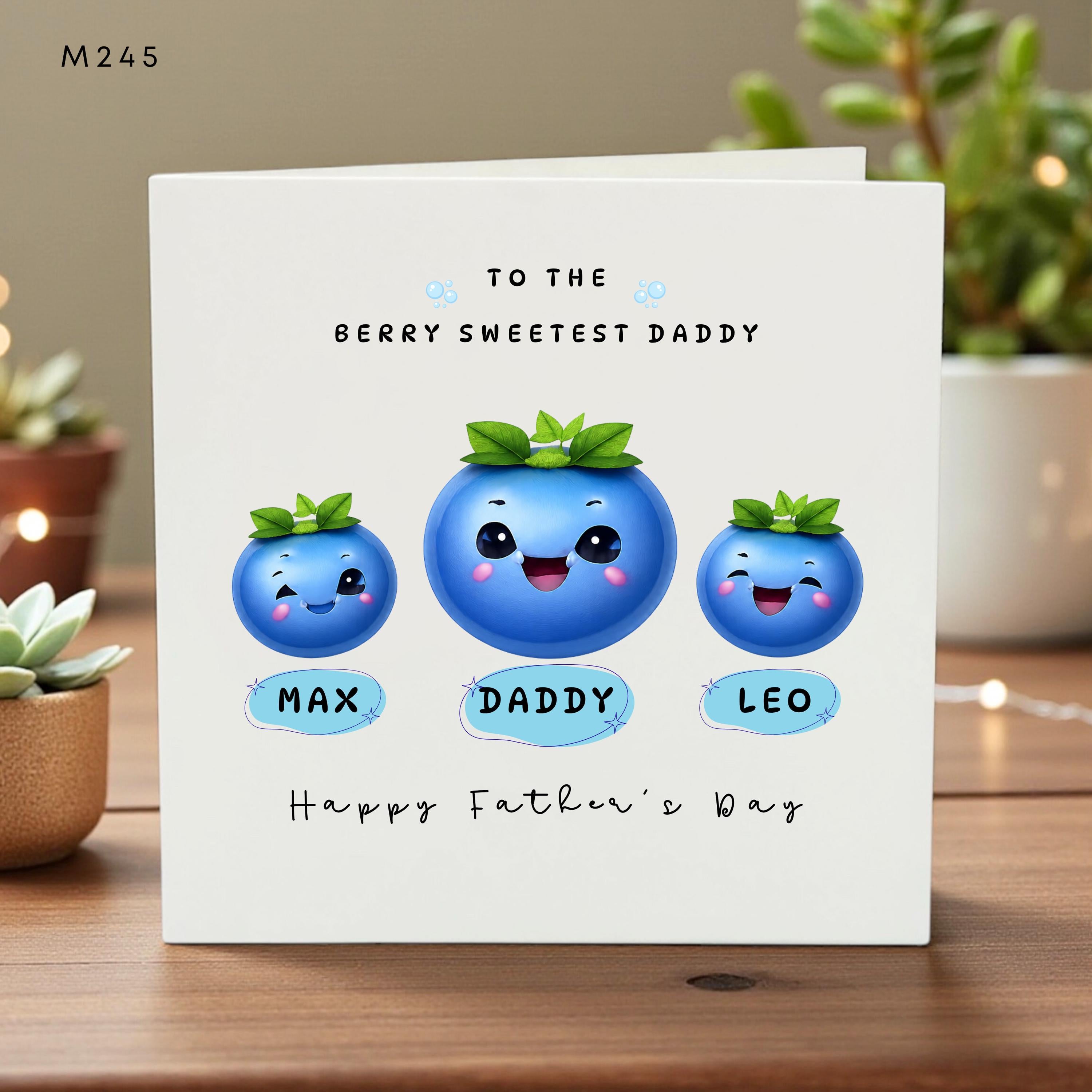 Personalized Father's Day Card for Dad Kids Names Custom Blueberry Cartoon Fun Sweet Daddy Gift Family Card Birthday Greeting