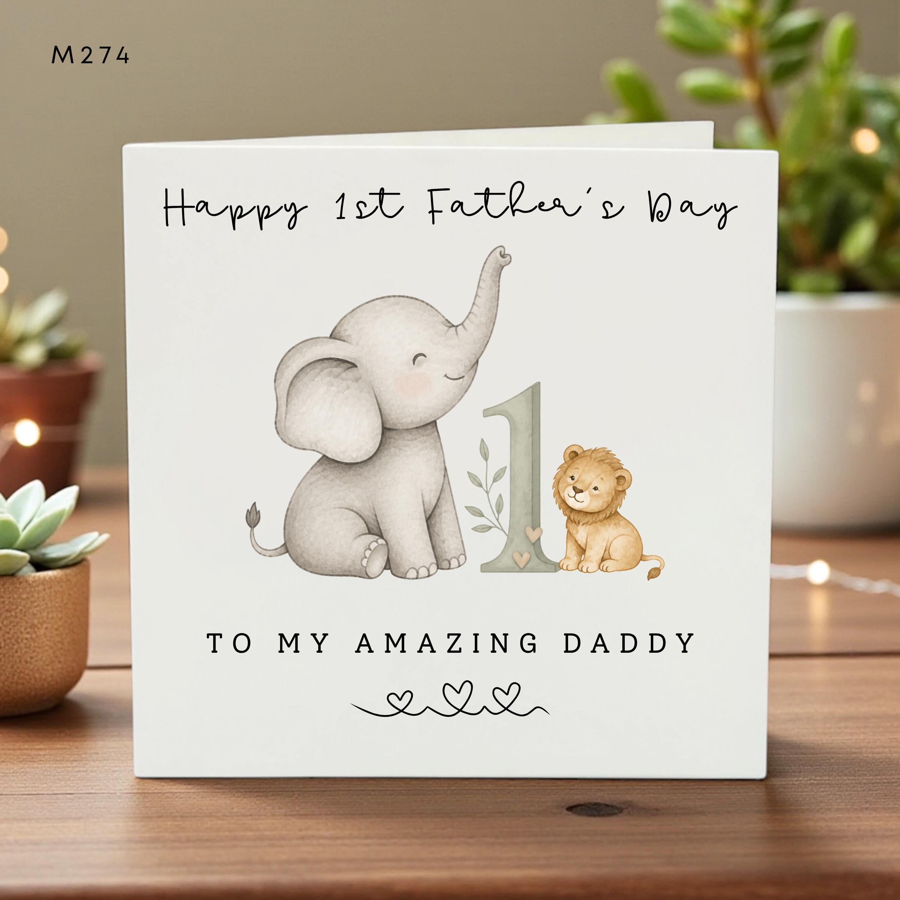 Happy 1st Father’s Day Card, Cute Elephant and Lion Design, Personalized Dad Greeting, Baby’s First Father Day Gift Card