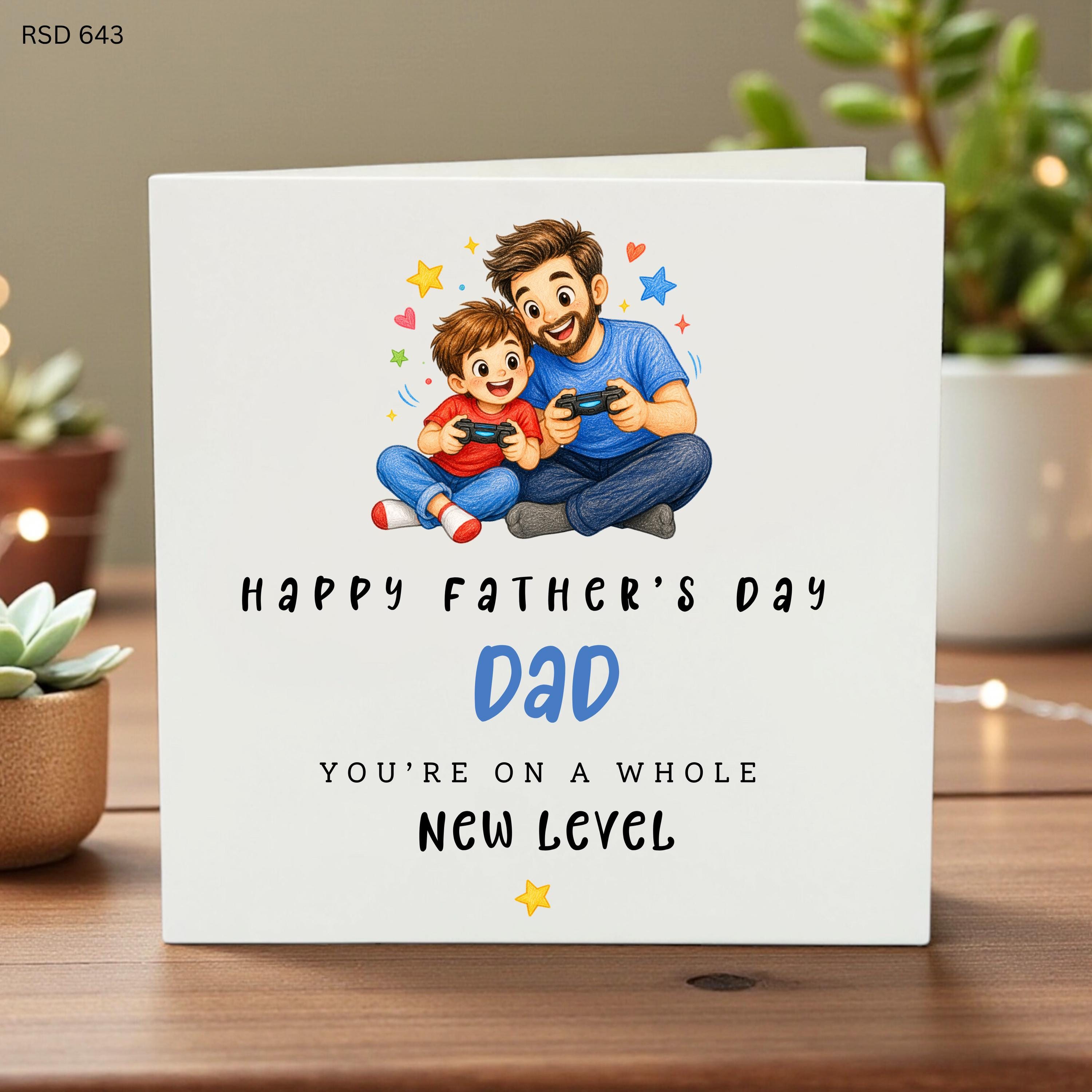 Fathers Day Card for Dad, Level Up Gamer Theme, Fun Personalized Card from Kids, Cute Colorful Illustration, Gift for Fathers