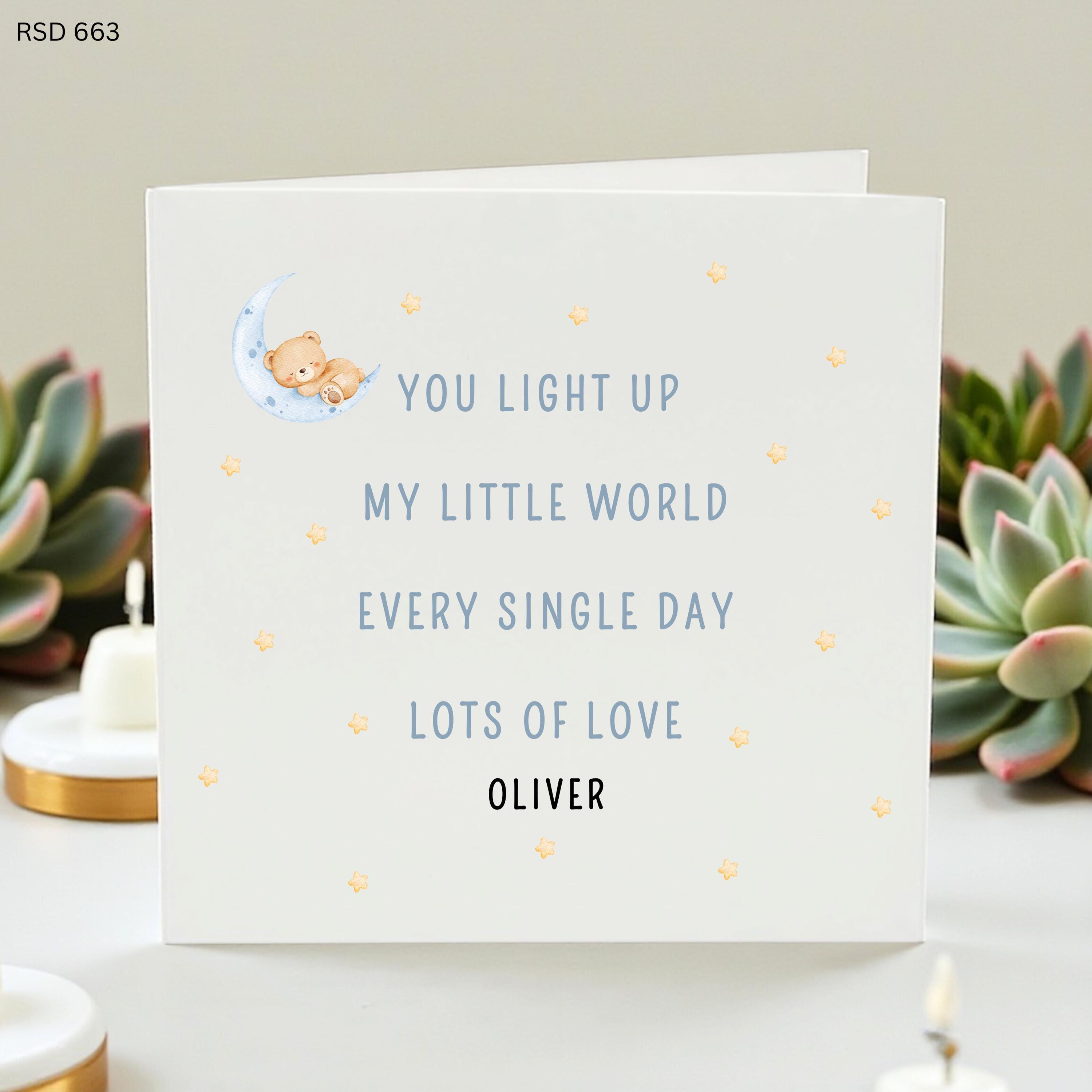 Personalized Baby Card You Light Up My Little World Cute Teddy Moon Stars Newborn Gift Keepsake Custom Name Card for Baby Boy Girl