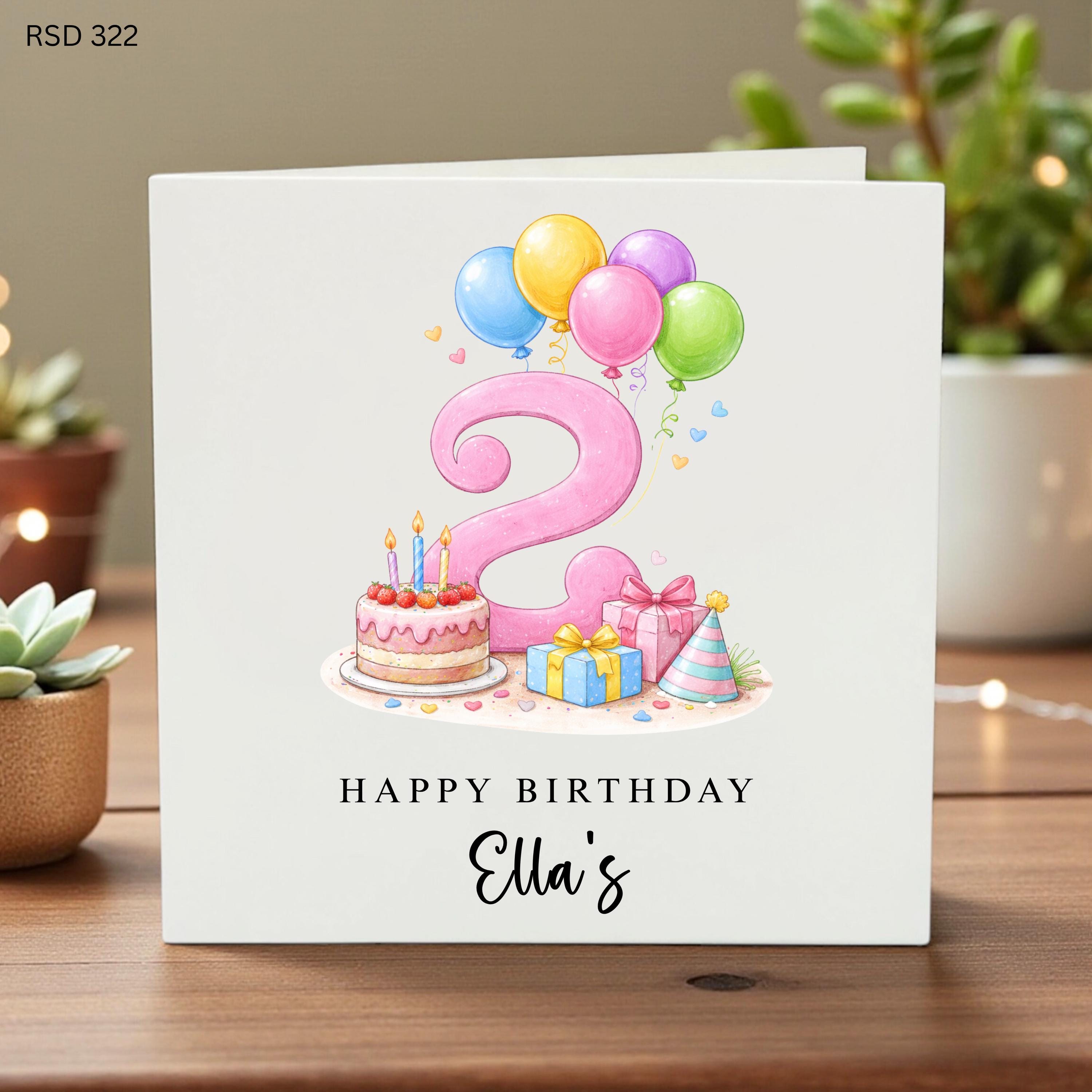 Personalized 2nd Birthday Card, Custom Name Birthday Card, Second Birthday Gift, Girl Birthday Card, Balloon Birthday, Toddler Birthday, Age