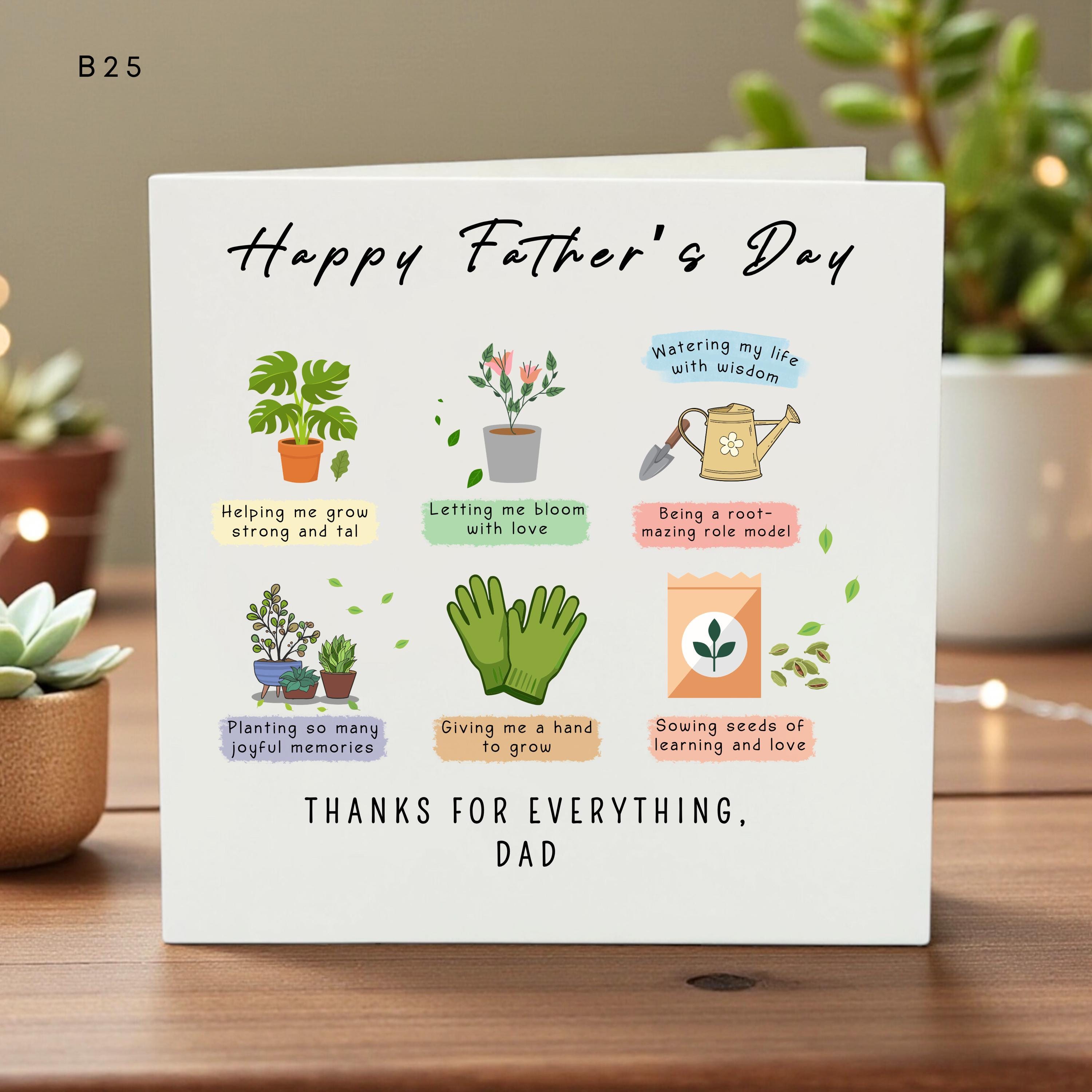 Personalized Gardening Father’s Day Card, Dad Card with Plants and Tools, Custom Name Card, Fun Kids Handmade Card, Unique Gift