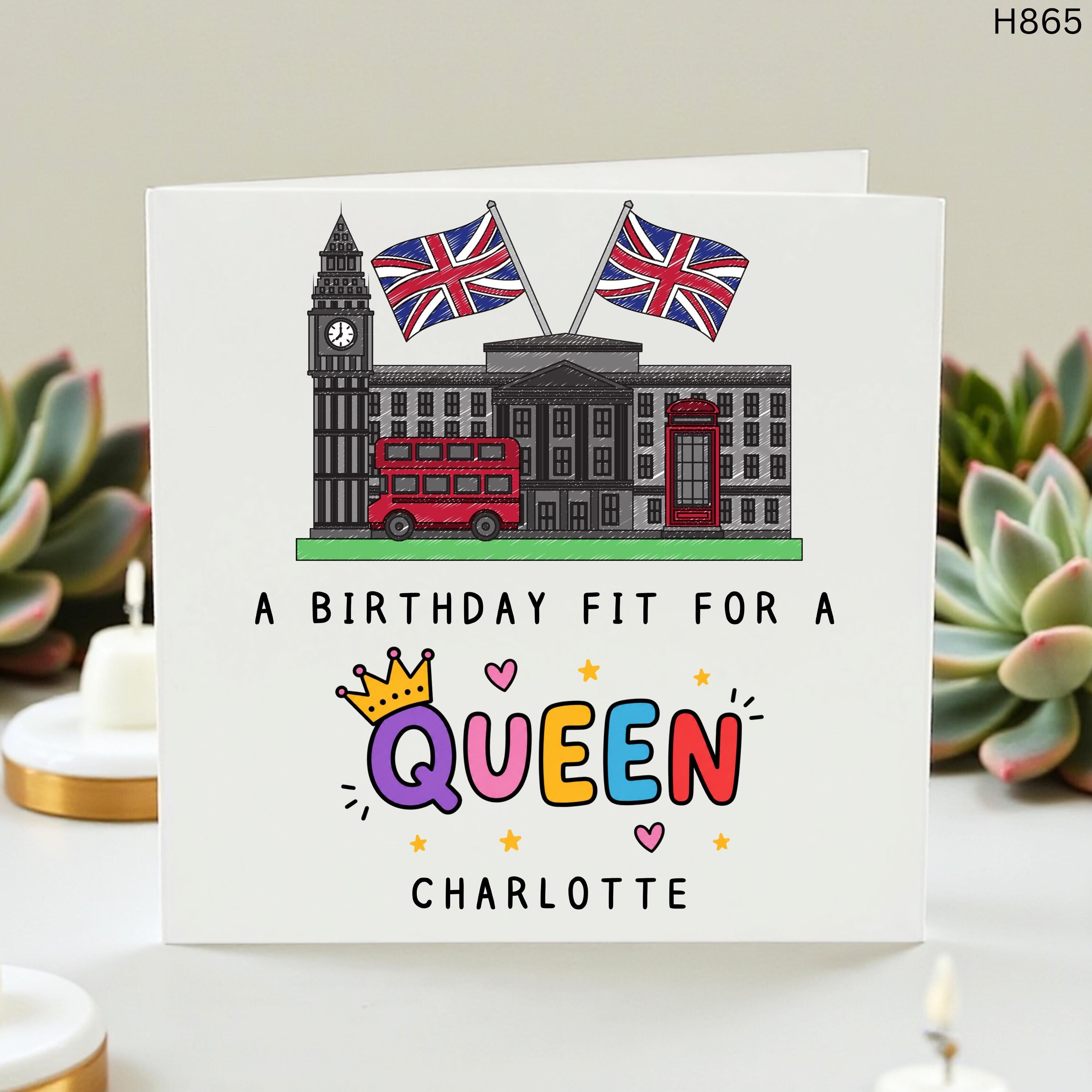 Personalized London Birthday Card for Her, Birthday Fit For A Queen Custom Name, British Themed Birthday Gift, Union Jack London Bus Big Ben