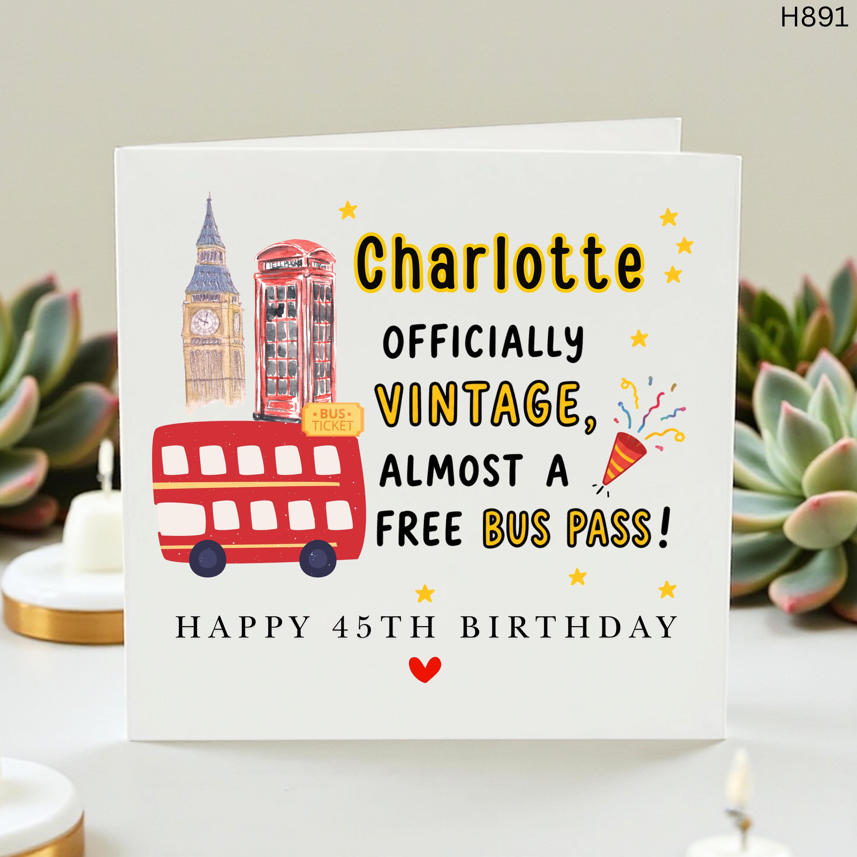 Personalized 45th Birthday Card for Her, Charlotte Officially Vintage Almost a Free Bus Pass Card, Funny 45 Birthday Gift, London Bus Theme