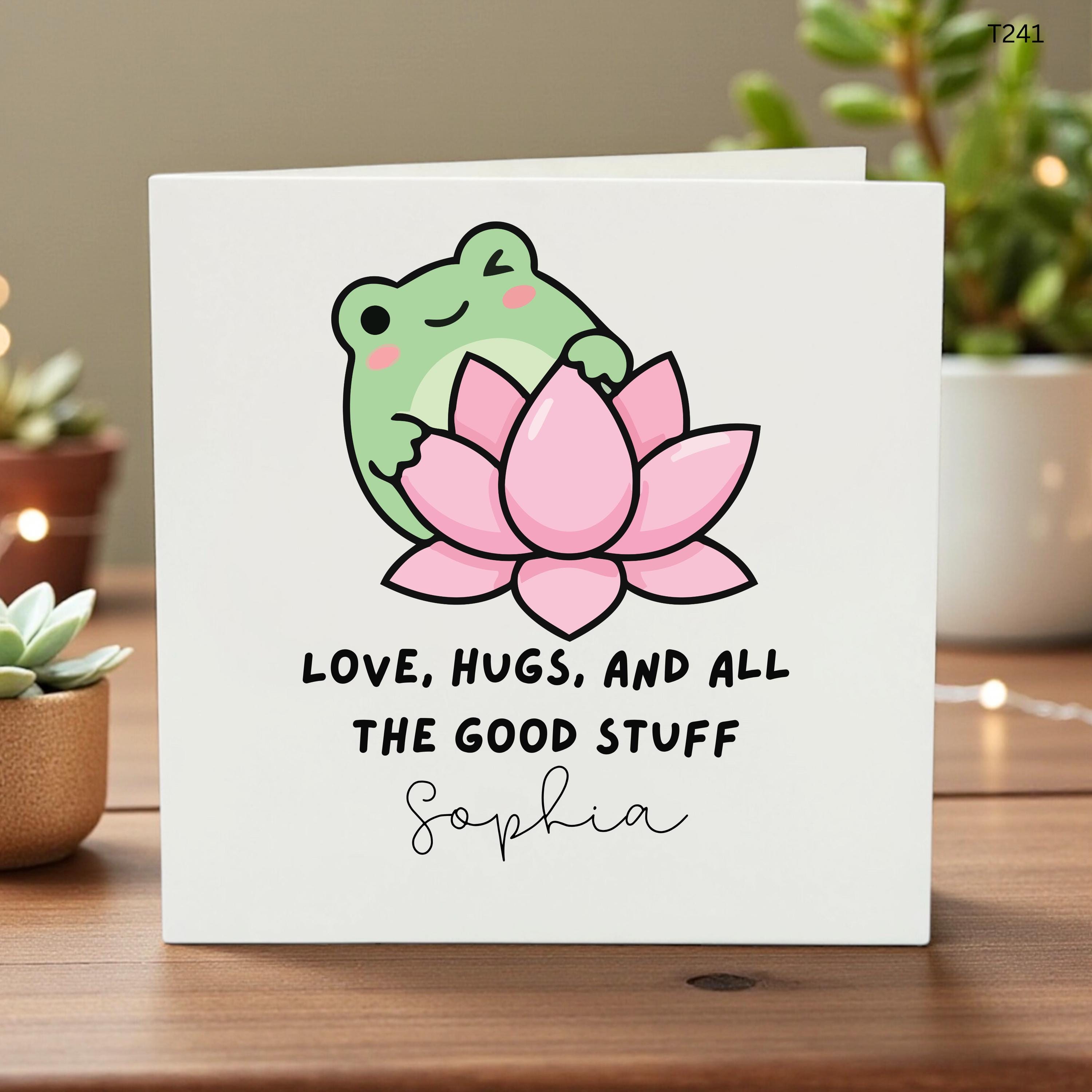 Personalized Frog Card for Friend, Cute Lotus Flower Birthday Card, Custom Name Thinking of You Card, Love Hugs and All The Good Stuff