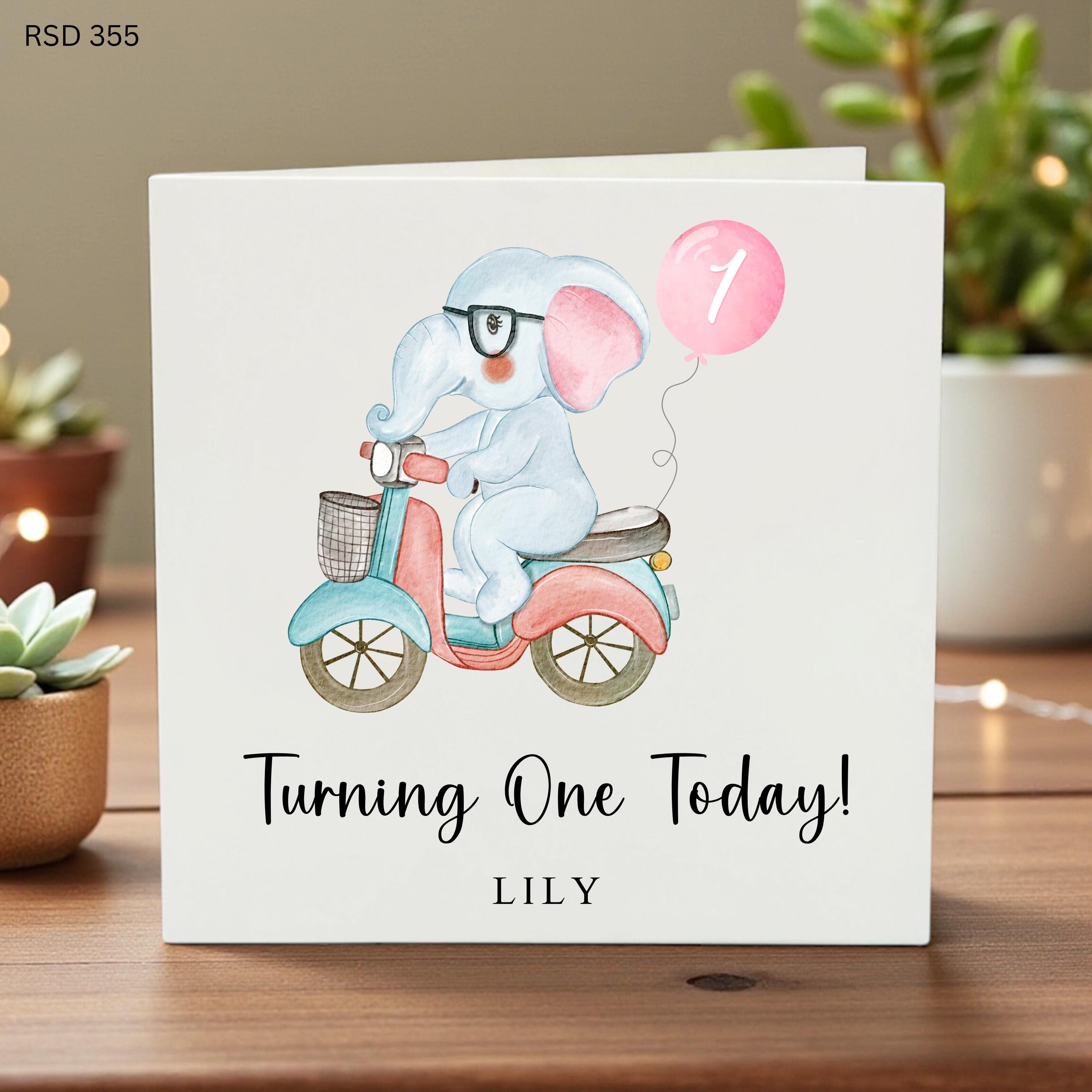 Personalized 1st Birthday Card, Baby Girl First Birthday, Custom Elephant Card, Turning One Today Card, Cute Safari Birthday, First Birthday