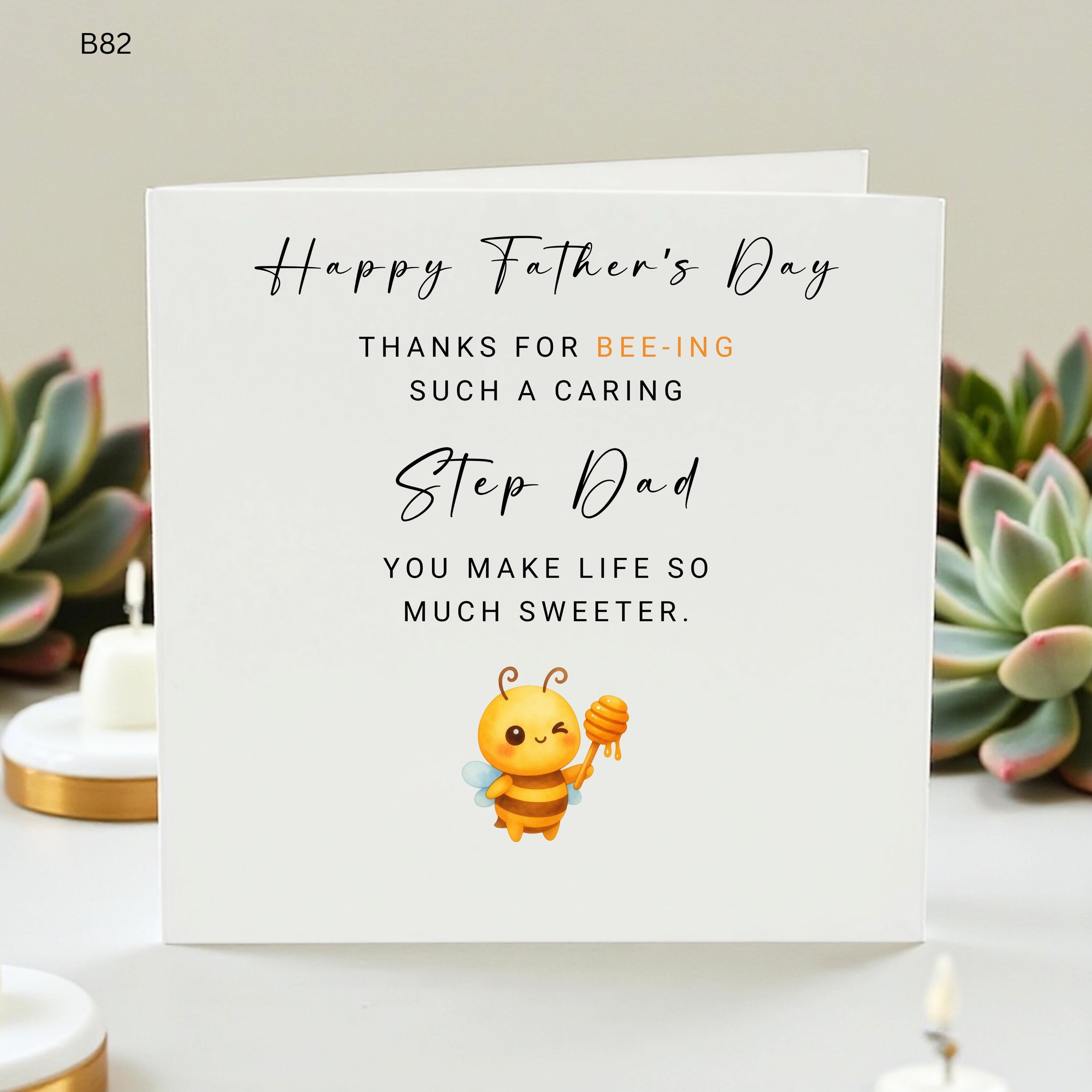Personalised Father’s Day Step Dad Card, Cute Bee Stepdad Card, Caring Bonus Dad Gift, Funny Sentimental Card From Kids