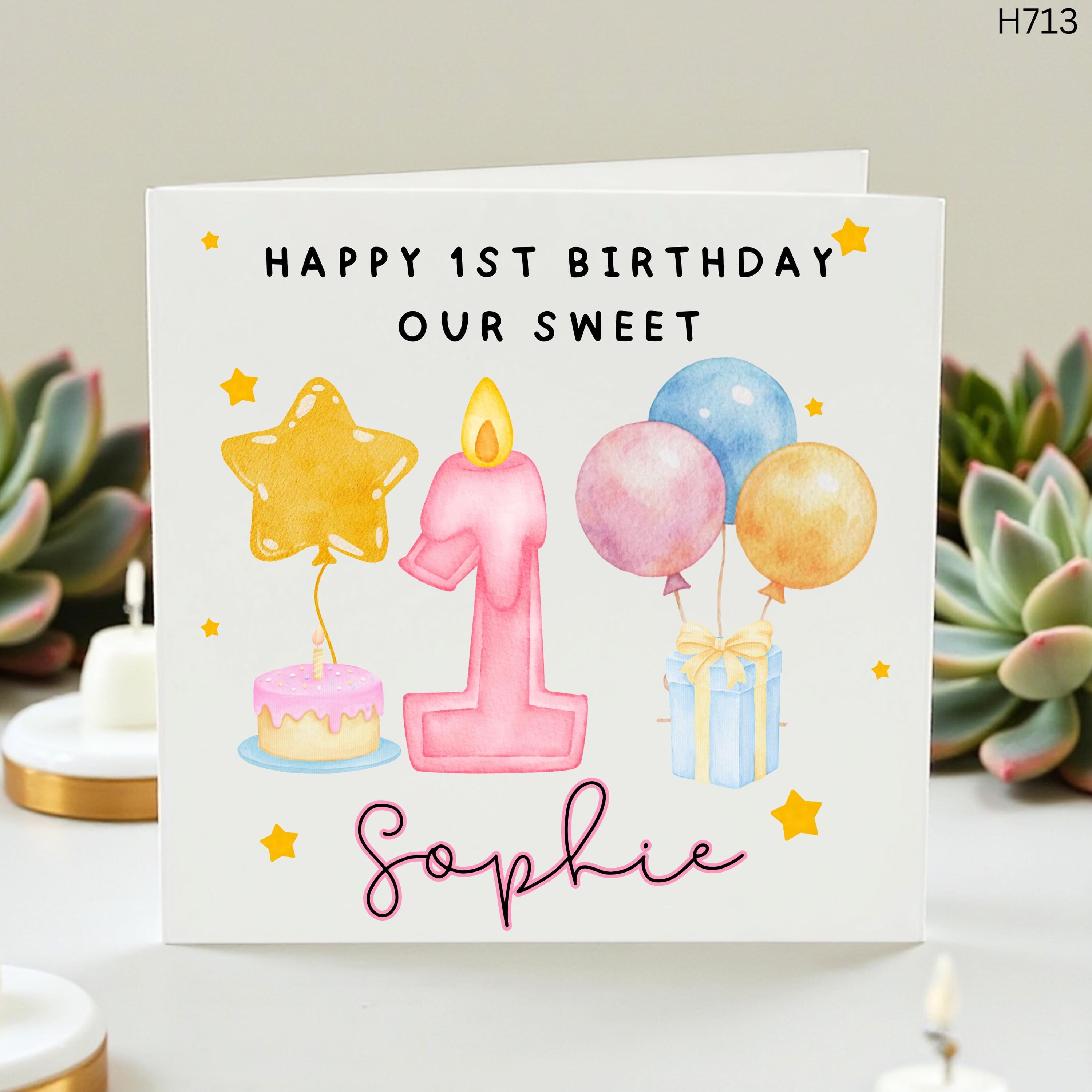 Personalized 1st Birthday Card for Baby Girl, Custom Name First Birthday Gift, Cute Watercolor Balloons Card, 1st Birthday Keepsake for Girl
