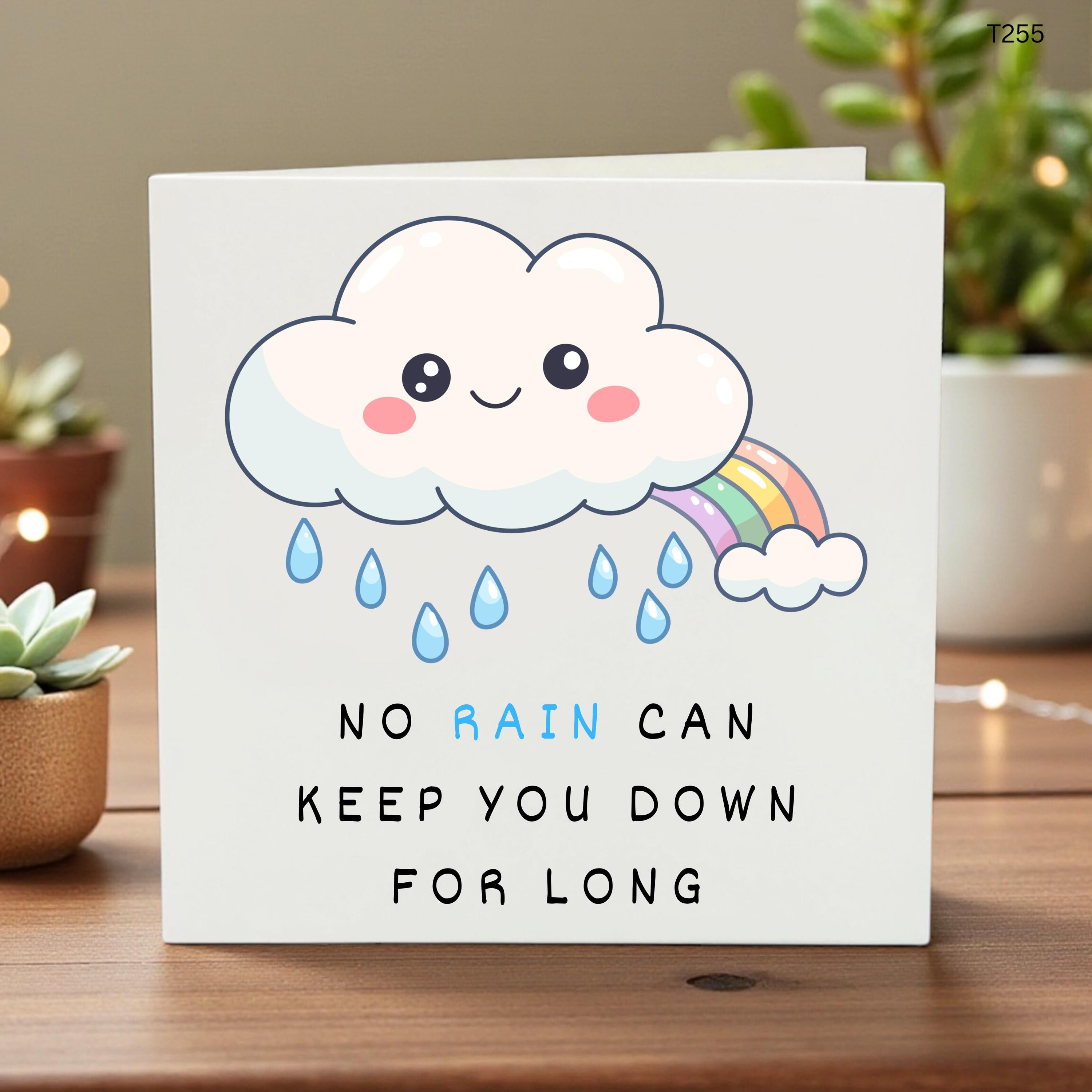 Cute Rainbow Encouragement Card, No Rain Can Keep You Down For Long, Thinking of You Card, Get Well Soon Support Gift,Positive Mental Health