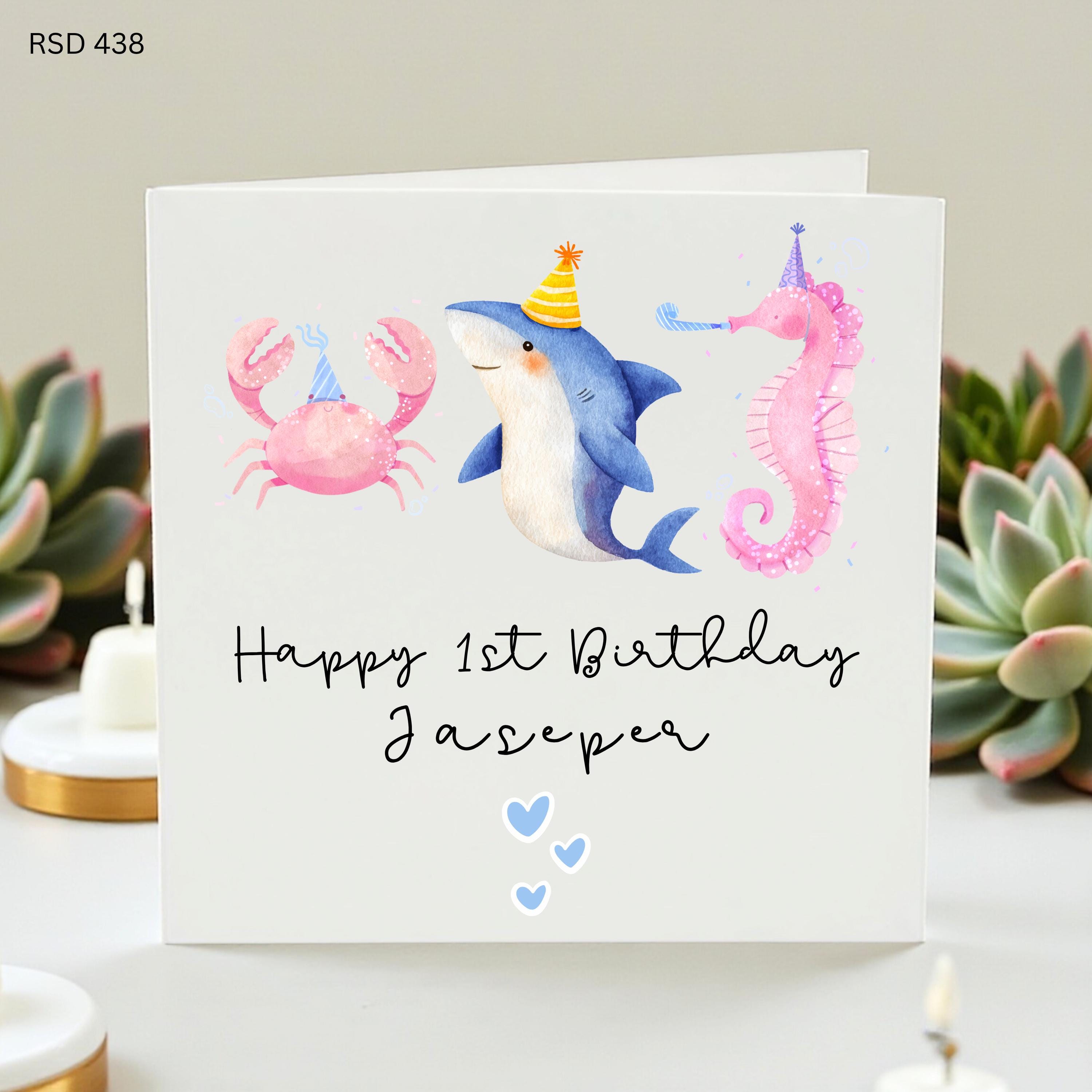 First Birthday Card, Personalized Name Option, Ocean Animals Theme, Cute Sea Creature Greeting, Baby Boy Birthday Card, 1st Birthday