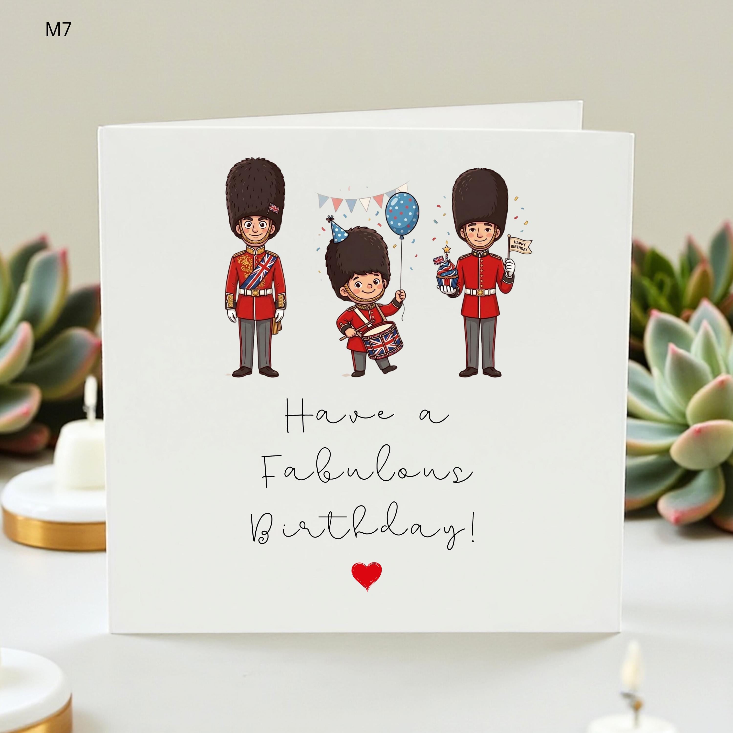 Cheeky British Guards Birthday Card – Fun Royal Guard Party with Balloons & Flags – Cute UK Birthday Greeting,Elegant Birthday Card