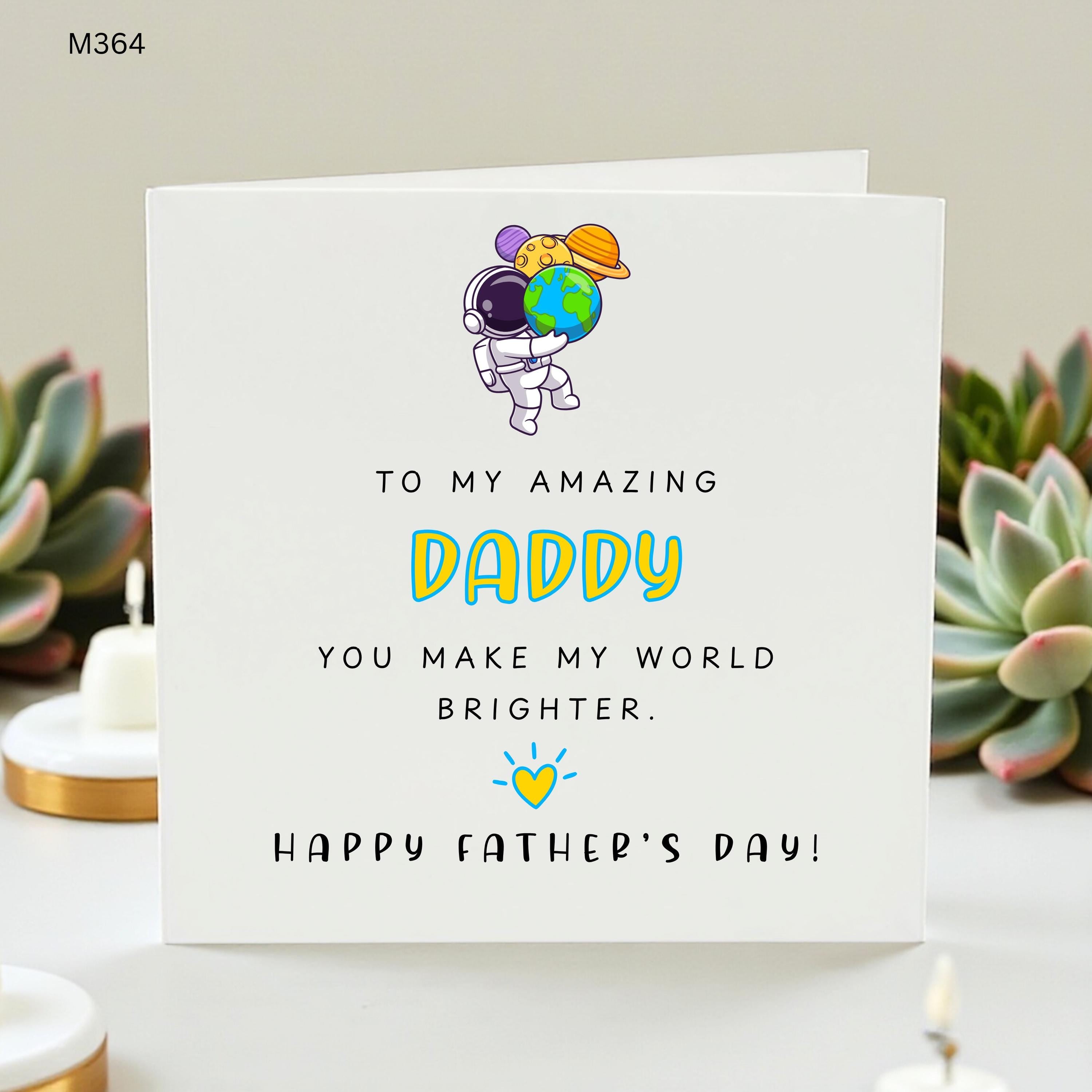 Happy Father's Day Card for Daddy, Astronaut Space Theme Card for Dad, You Make My World Brighter Greeting Card, Cute Daddy Birthday Card