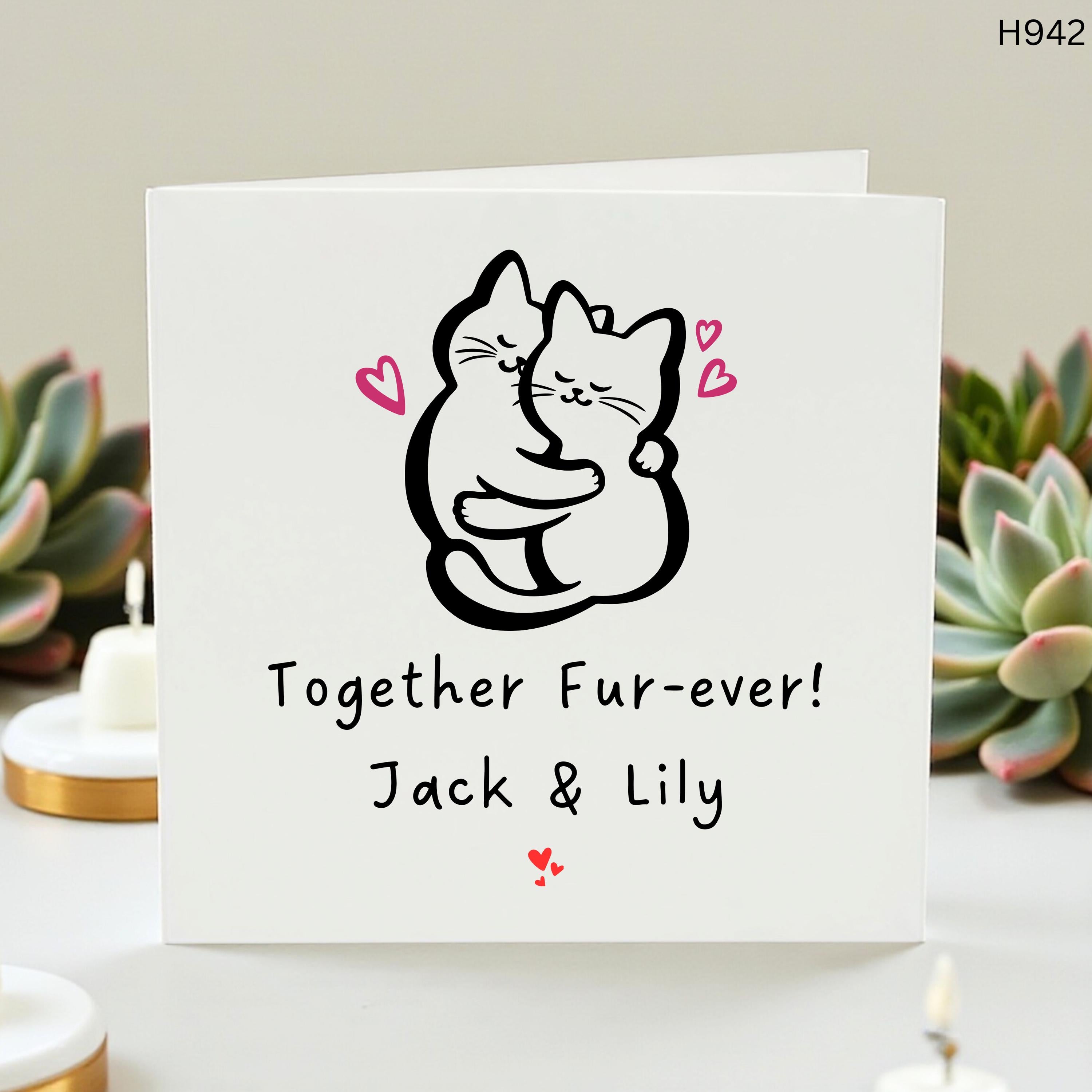Personalized Together Fur-ever Cat Wedding Card - Custom Names Funny Cat Pun Anniversary Card - Cute Kitten Engagement Gift for Cat Lovers