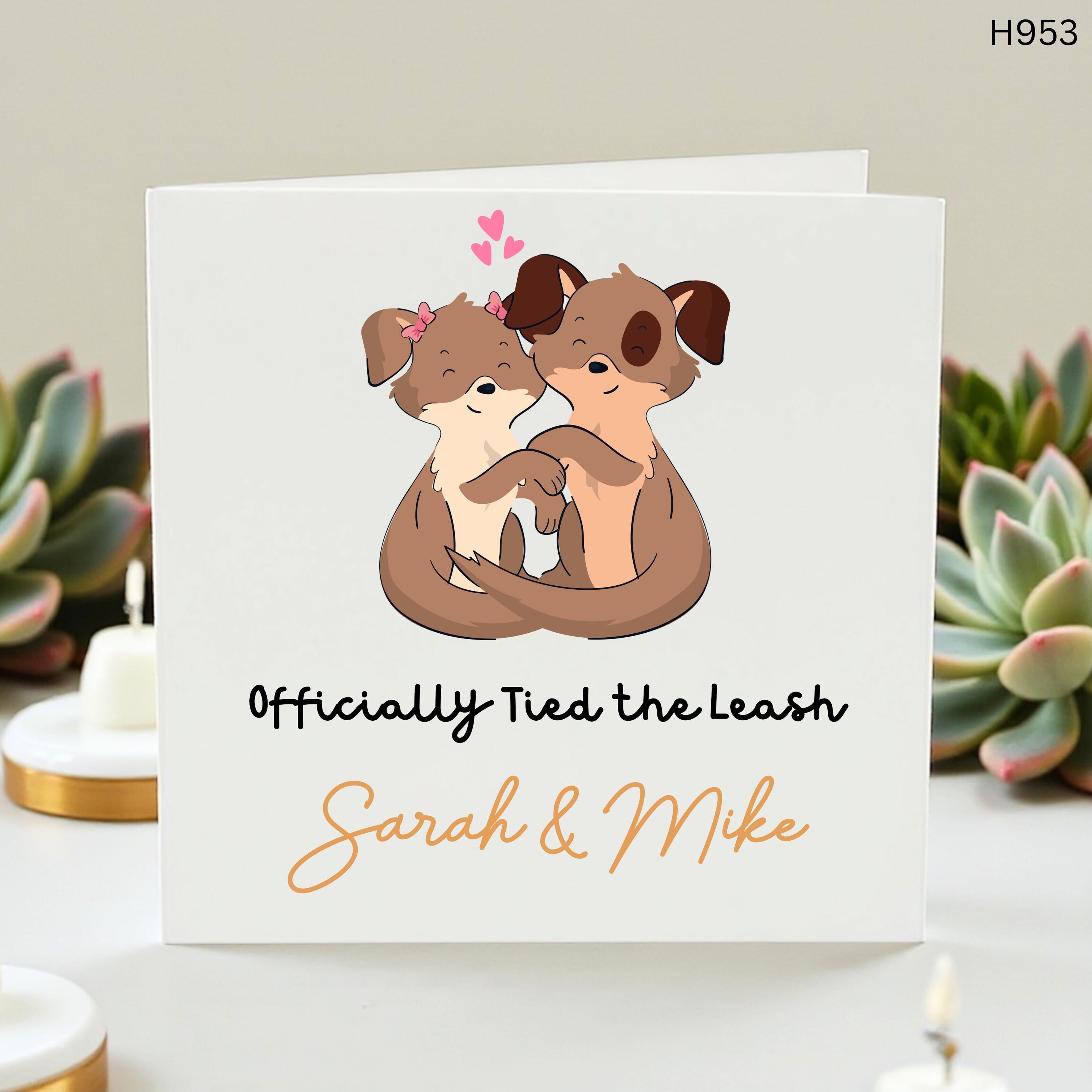 Personalized Tied the Leash Dog Wedding Card, Funny Custom Name Engagement Card for Dog Lovers, Cute Puppy Congratulations Card for Couples