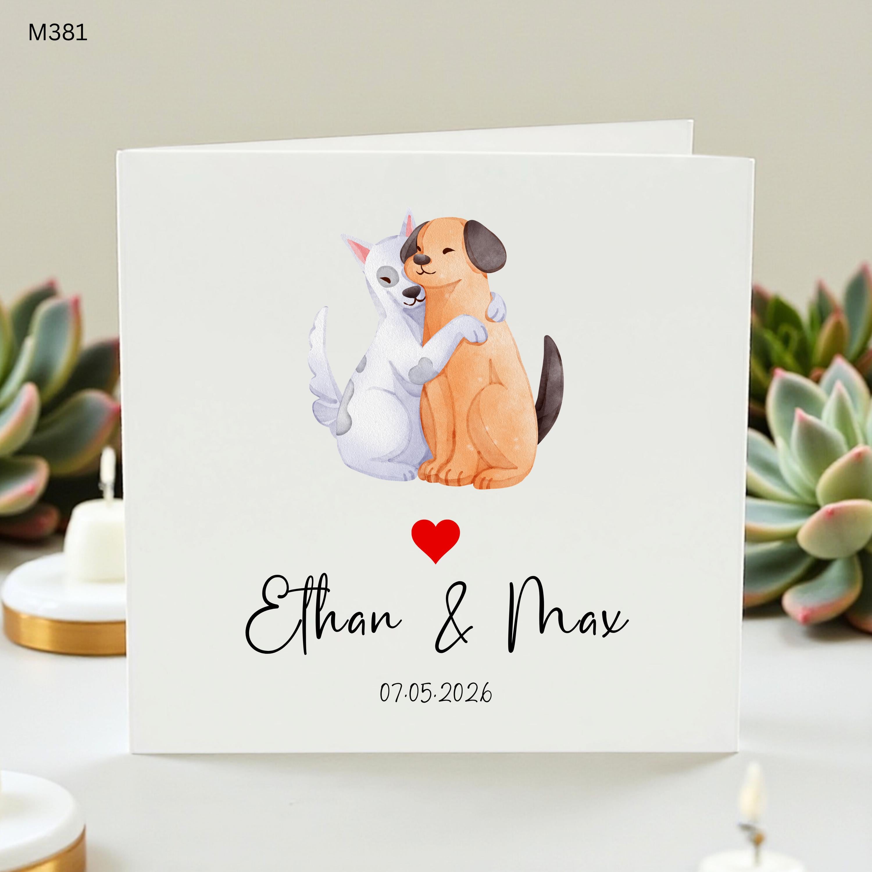 Personalized Dog Wedding Card, Custom Names and Date Anniversary Card, Cute Hugging Dogs Illustration, Pet Lover Engagement Gift, Dog Card